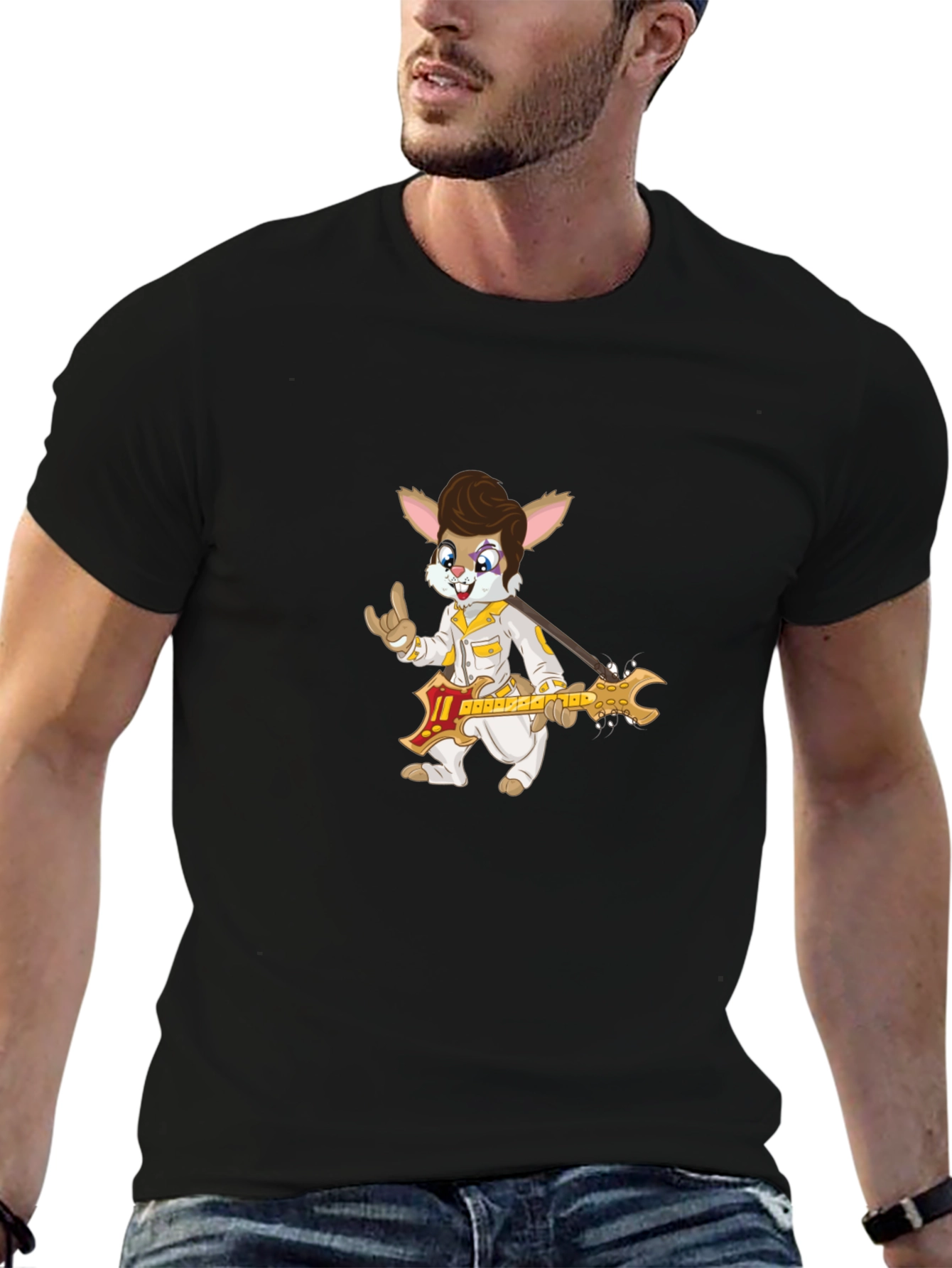 Bunny Elvis Rock N Roll Black T-Shirt