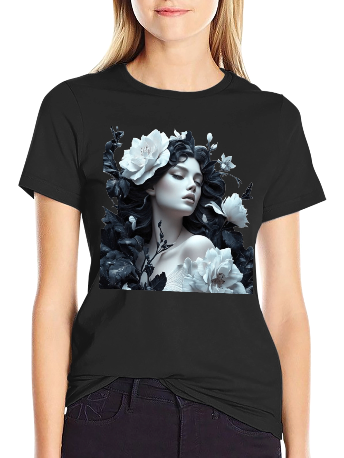 Floral Woman Graphic Tee - Black Unisex T-Shirt