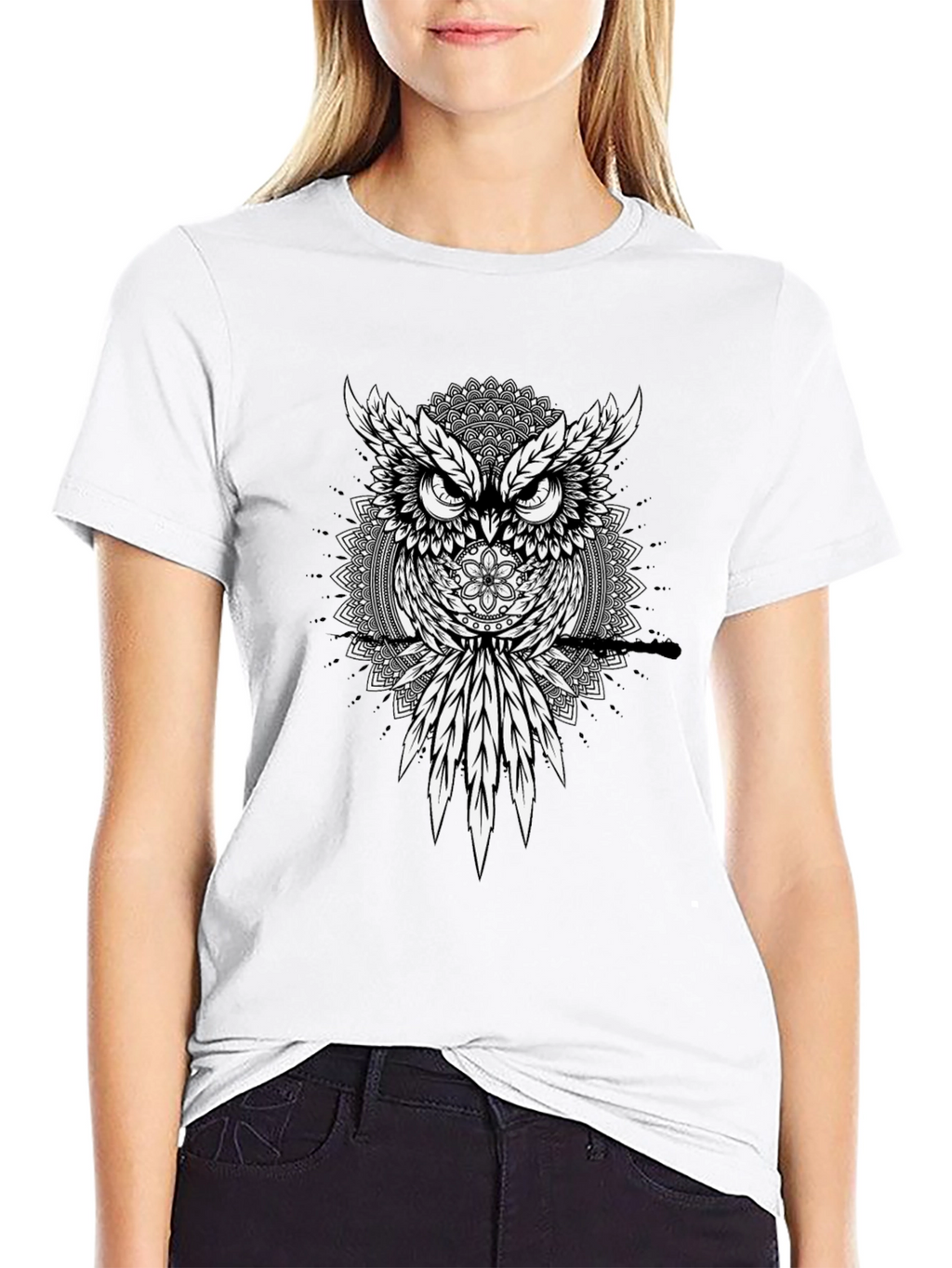 Owl Mandala Graphic Print Black T-Shirt