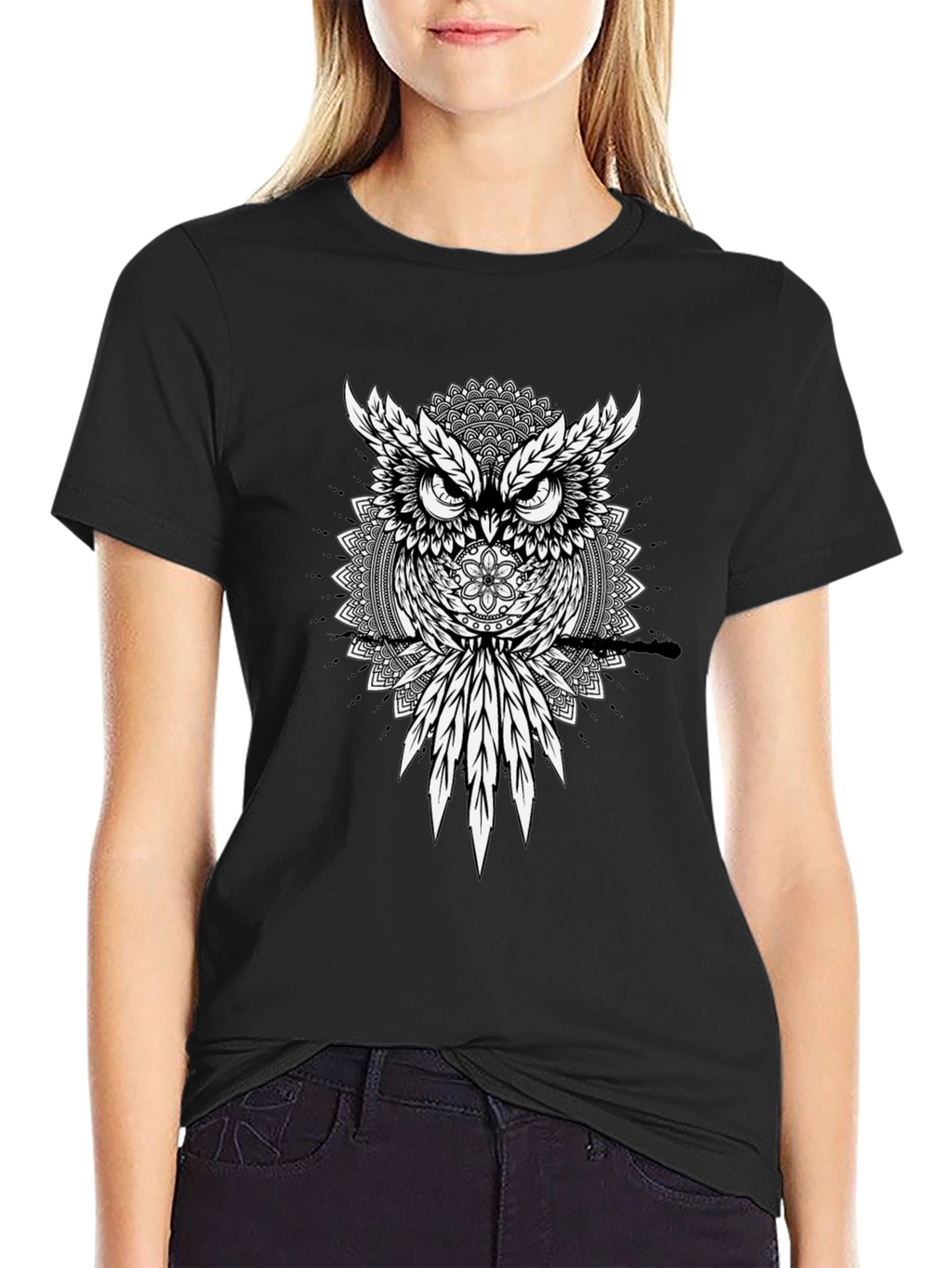 Owl Mandala Graphic Print Black T-Shirt