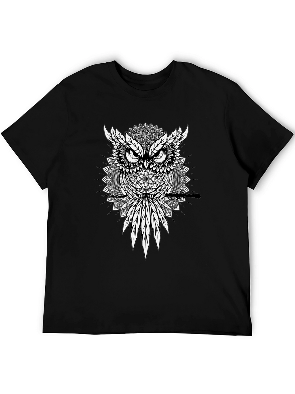 Owl Mandala Graphic Print Black T-Shirt