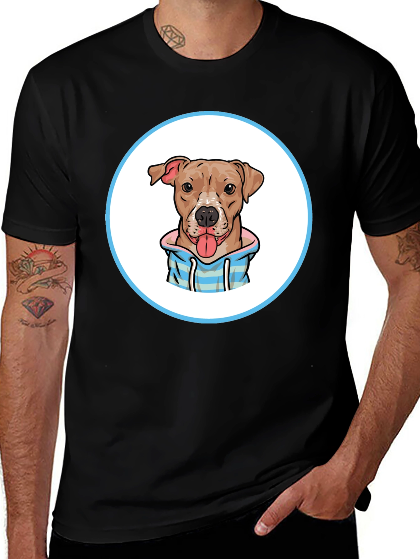 Dog Cartoon Print Black T-Shirt