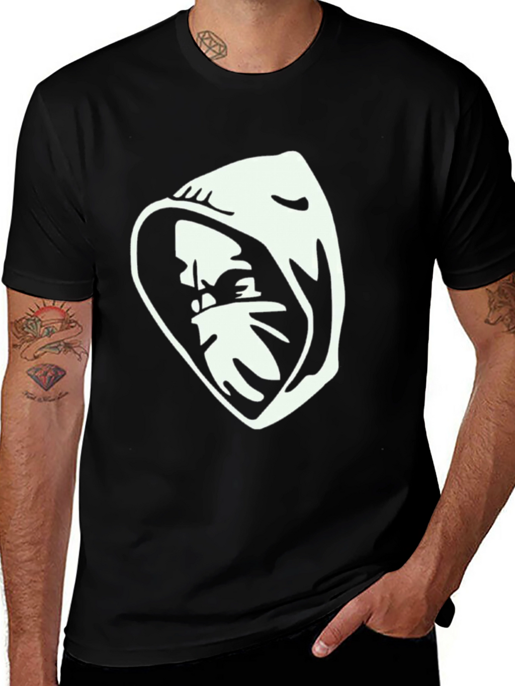 Hooded Figure Graphic T-Shirt - Black