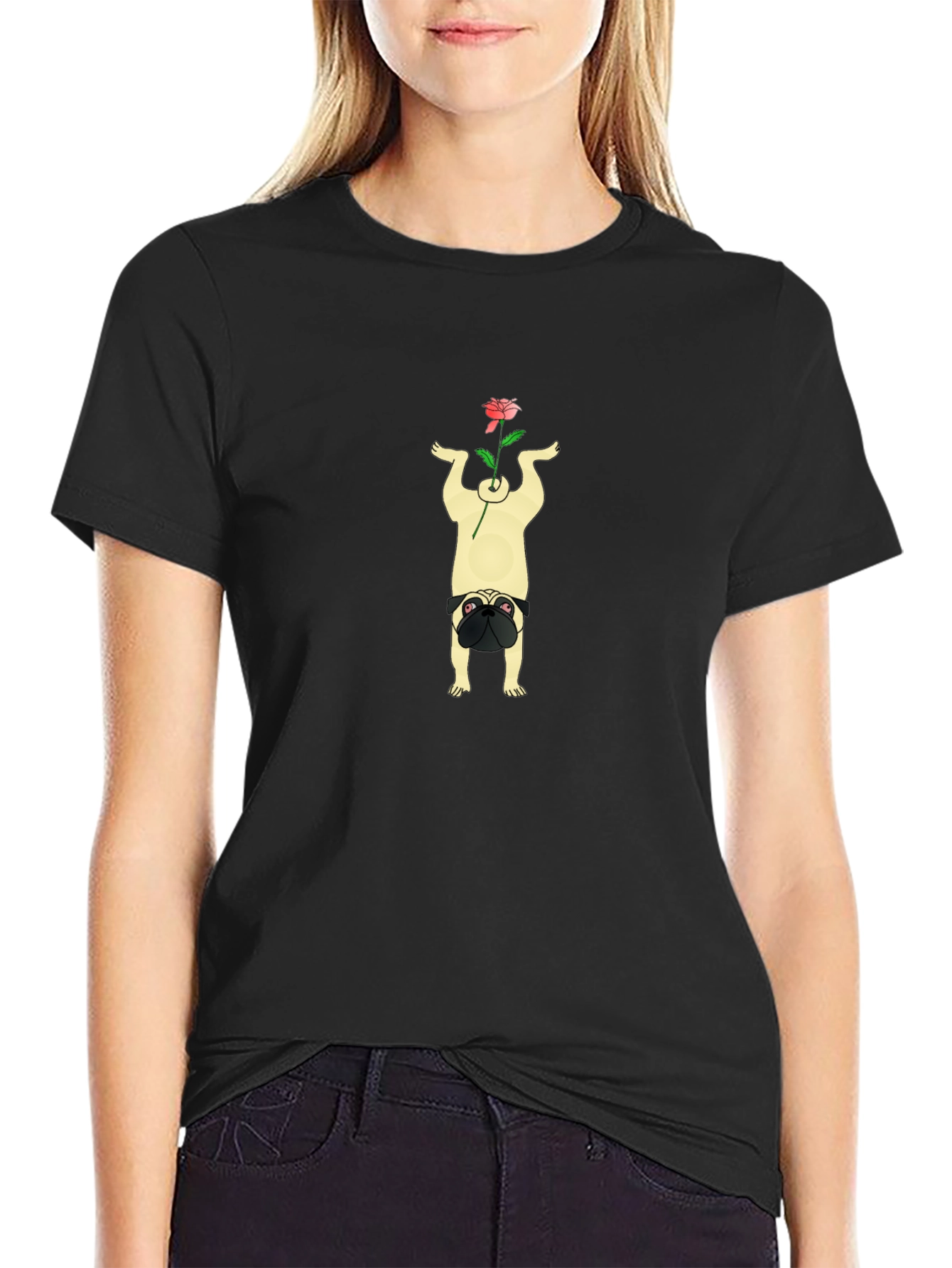 Pug Yoga Pose Rose Graphic Tee - Black