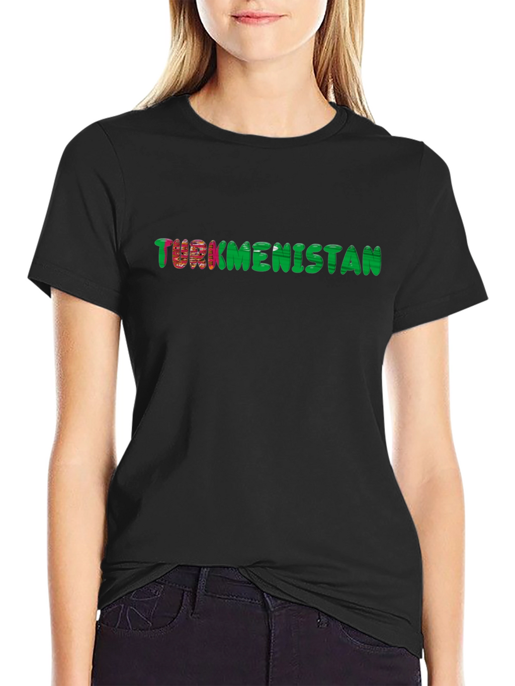 Turkmenistan Flag Text T-Shirt - Black Cotton Tee