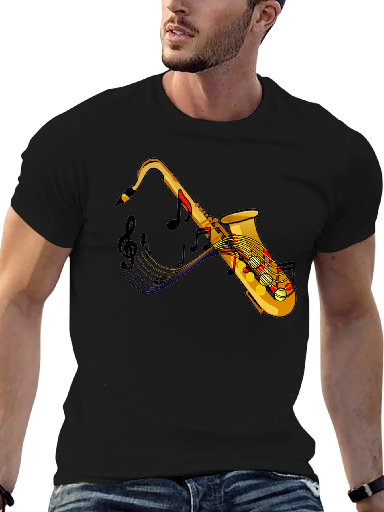 Saxophone Music Notes Graphic Black T-Shirt