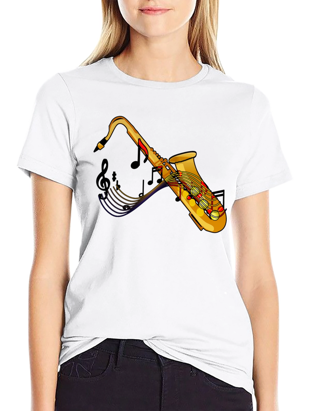 Saxophone Music Notes Graphic Black T-Shirt
