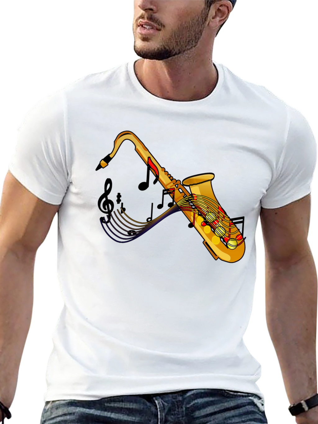 Saxophone Music Notes Graphic Black T-Shirt