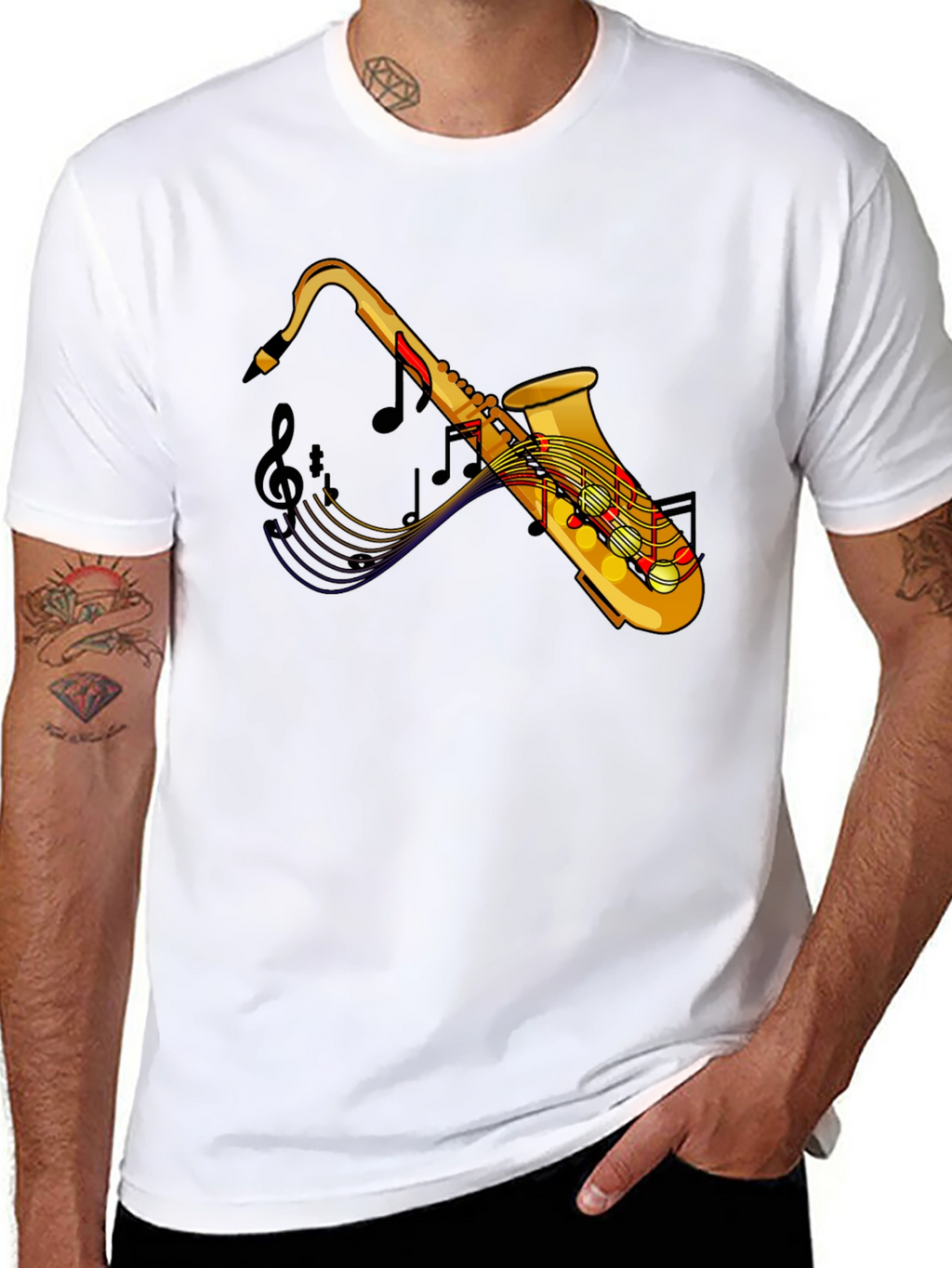 Saxophone Music Notes Graphic Black T-Shirt