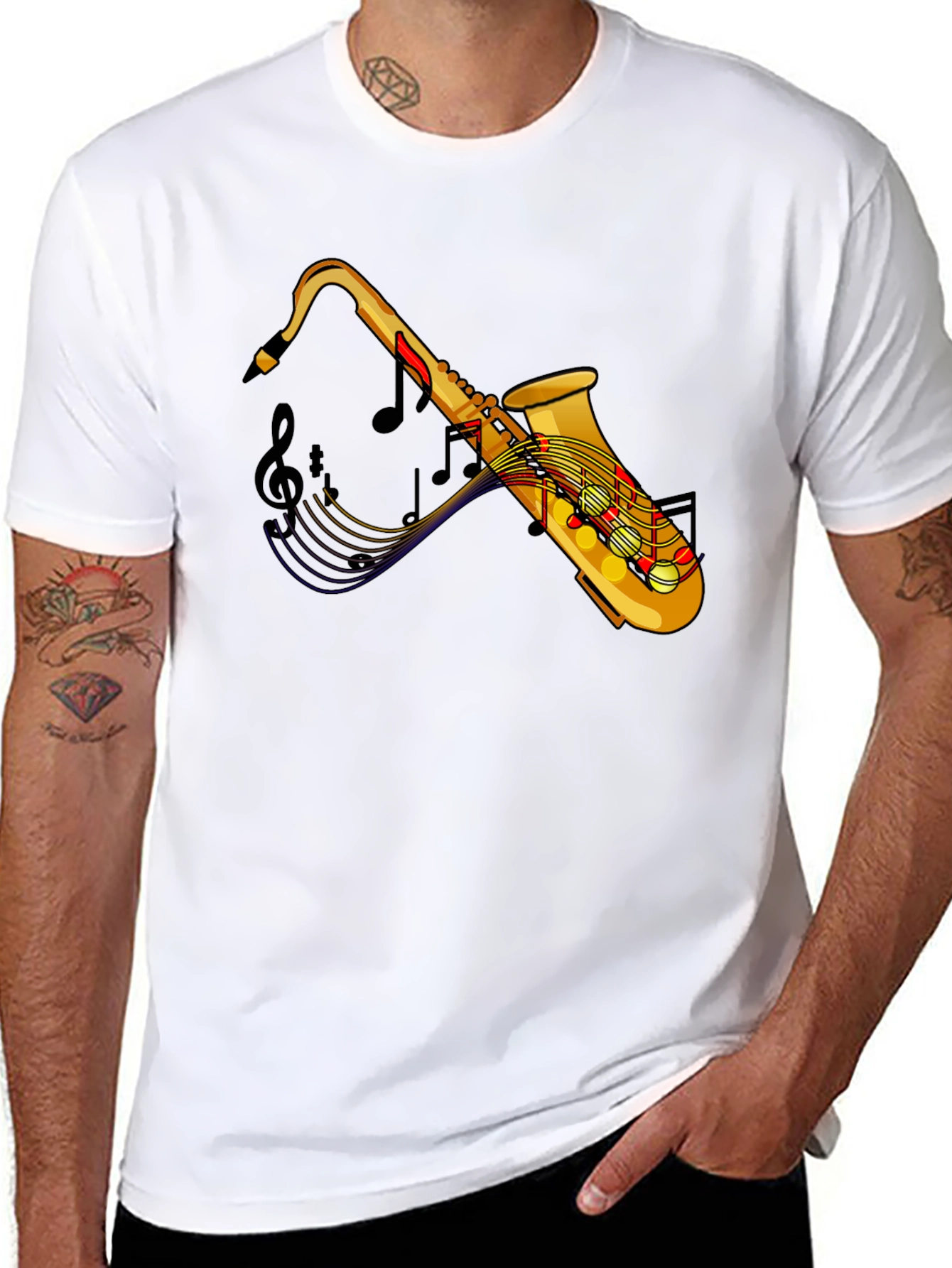 Saxophone Music Notes Graphic Black T-Shirt