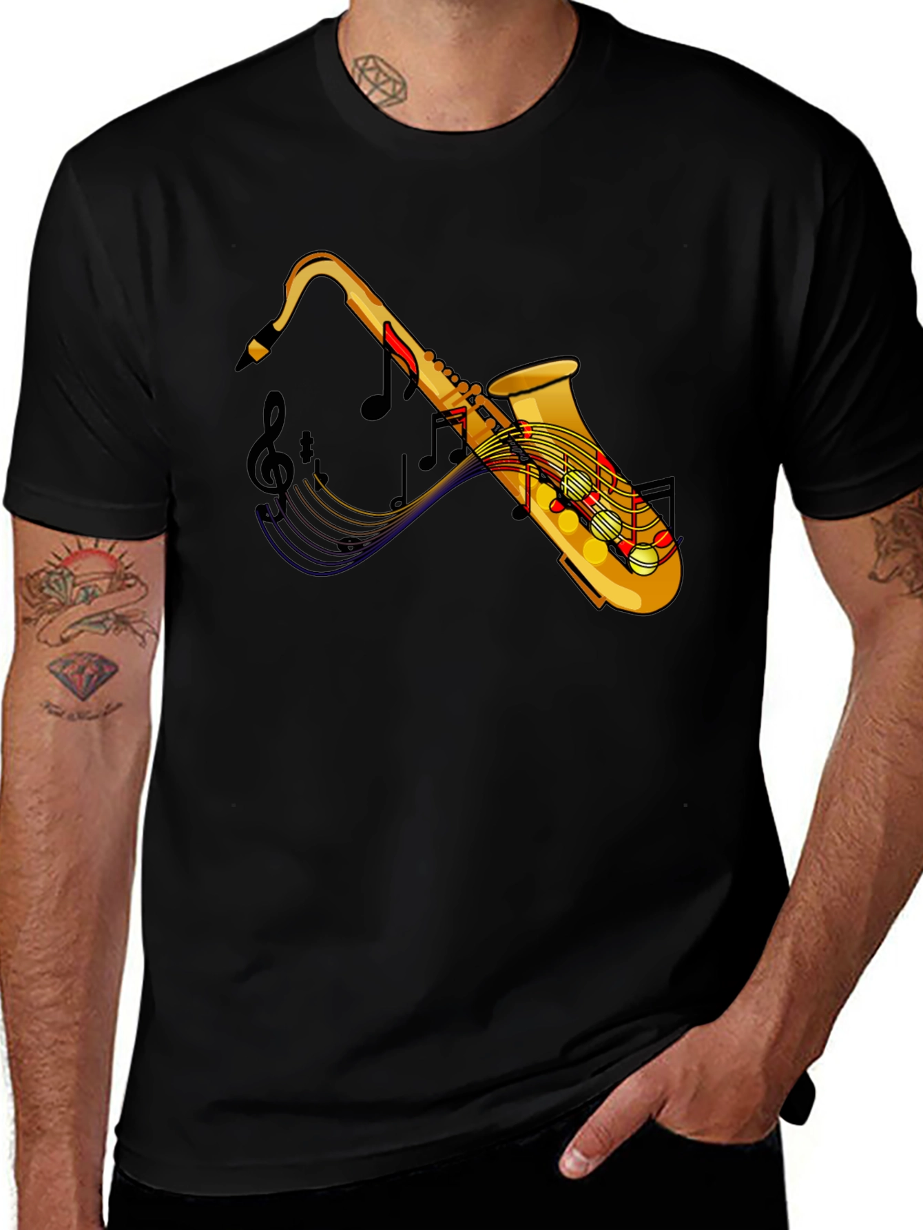 Saxophone Music Notes Graphic Black T-Shirt