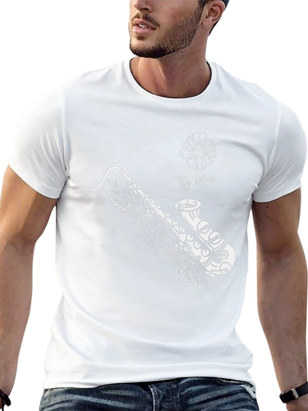 Saxophone & Flower Graphic Black T-Shirt