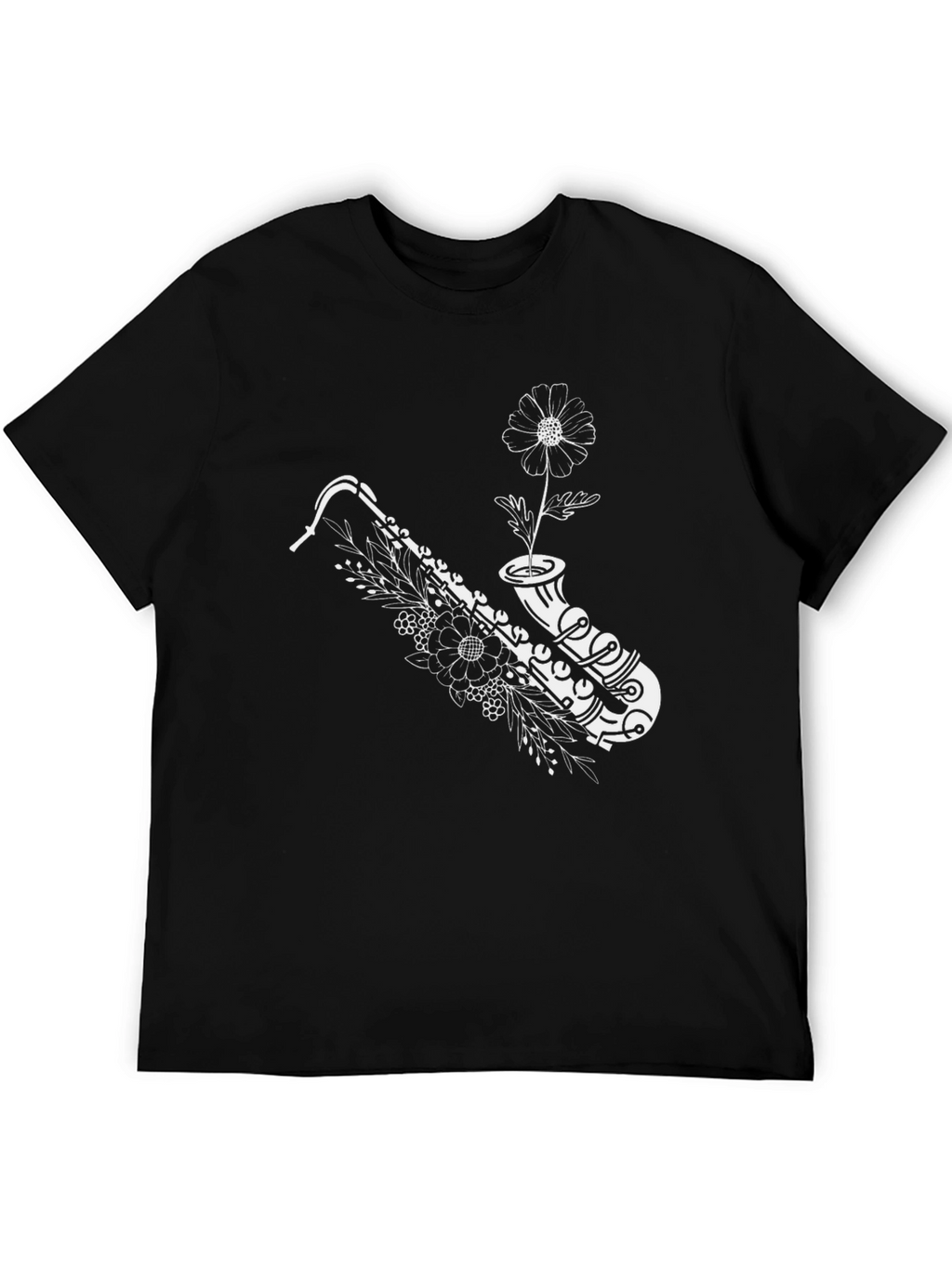 Saxophone & Flower Graphic Black T-Shirt