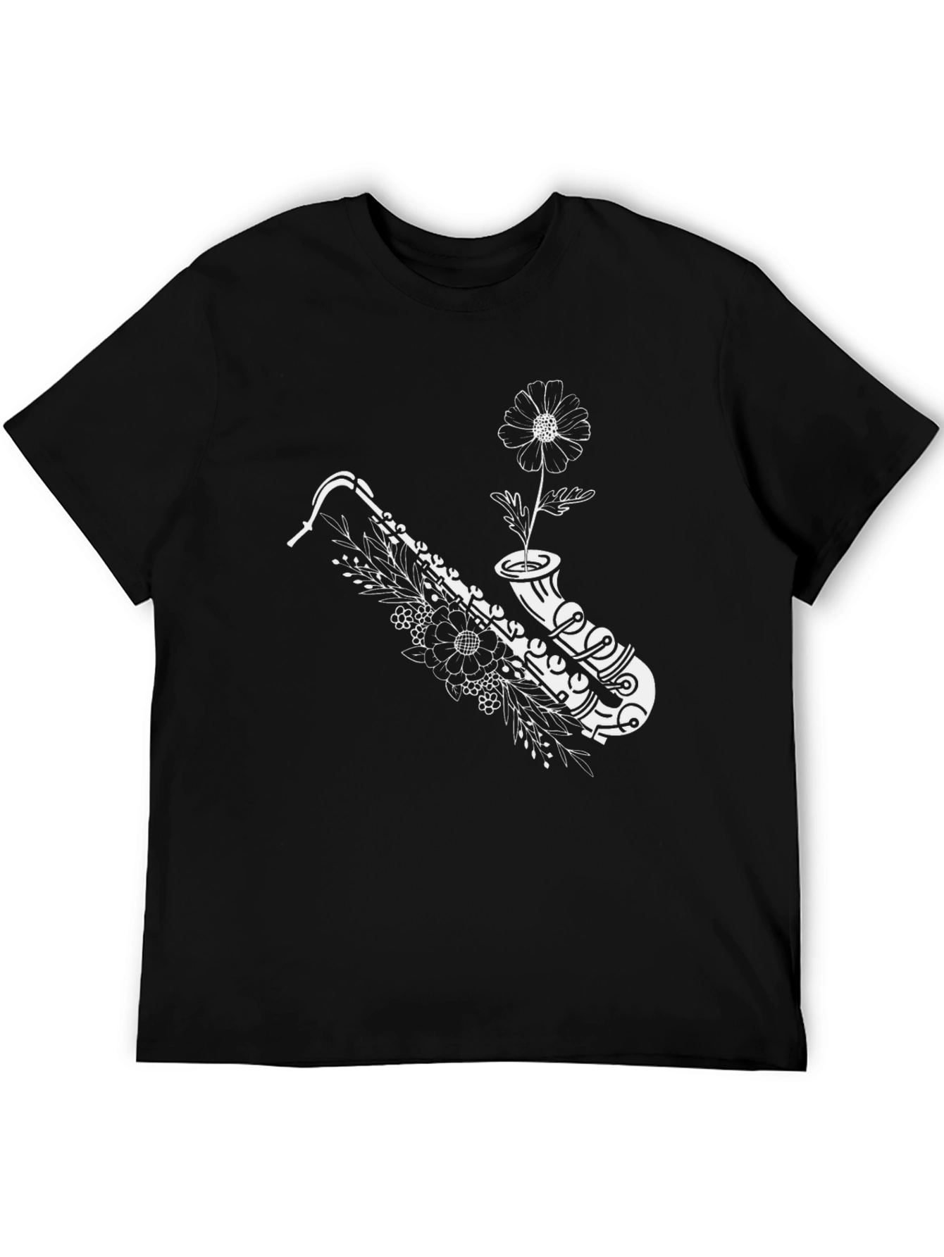 Saxophone & Flower Graphic Black T-Shirt