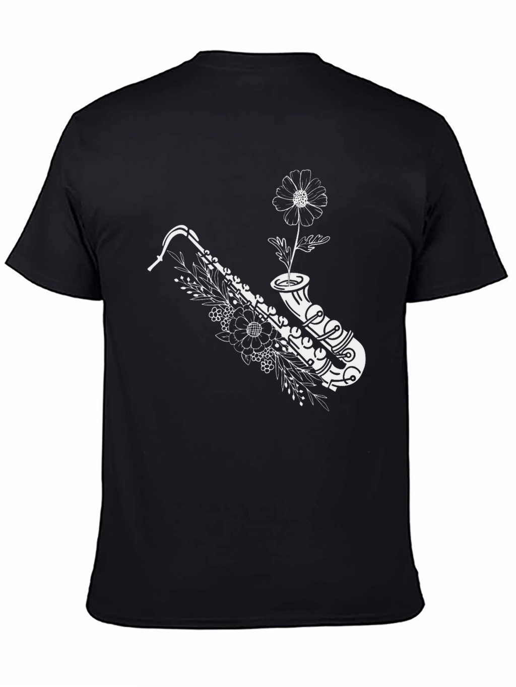 Saxophone & Flower Graphic Black T-Shirt