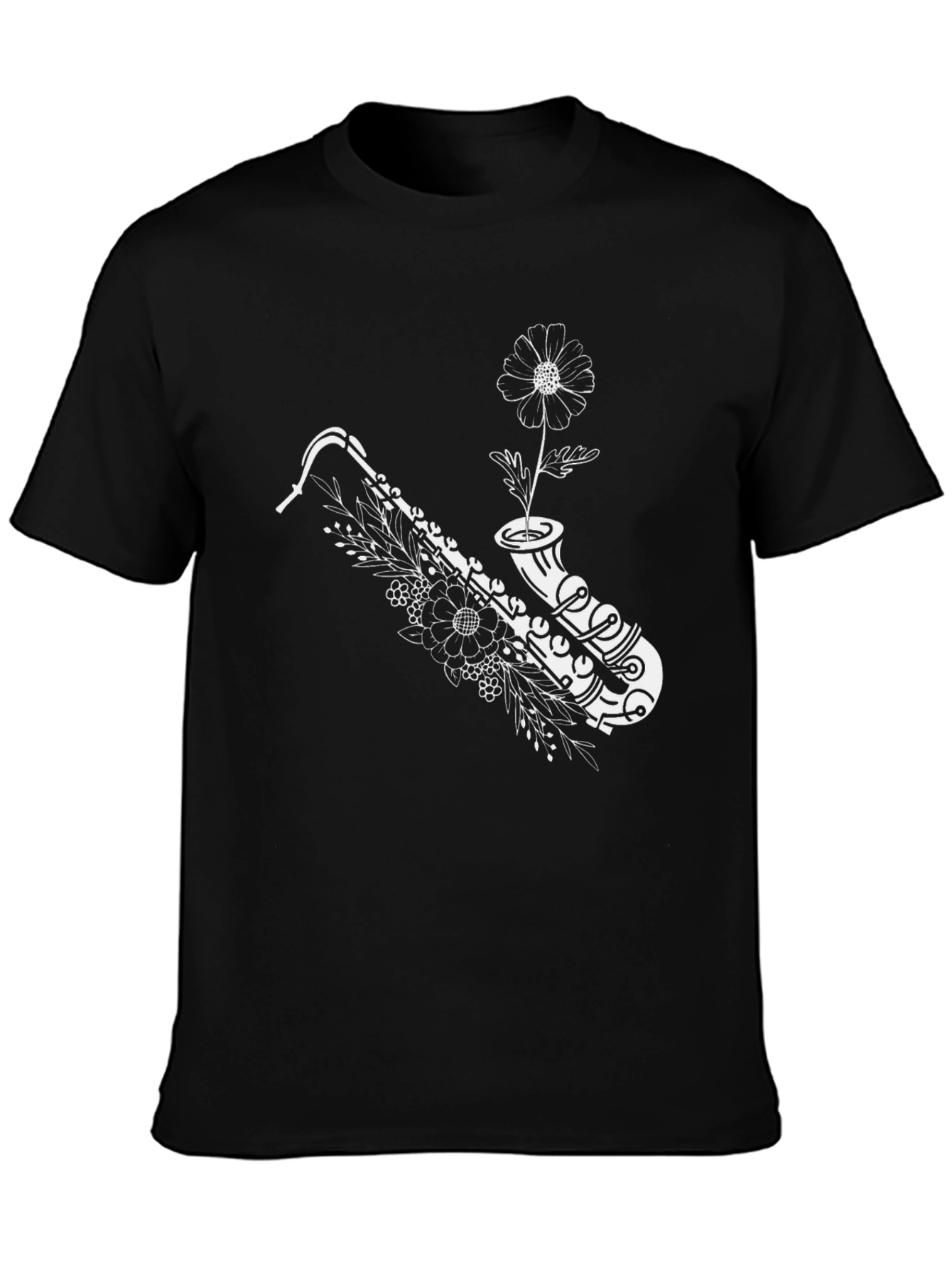 Saxophone & Flower Graphic Black T-Shirt