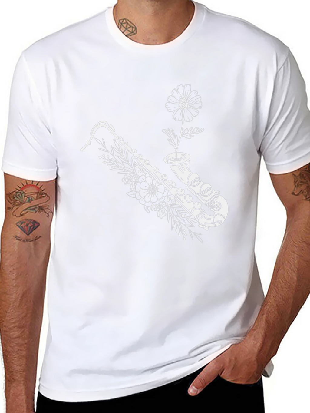 Saxophone & Flower Graphic Black T-Shirt
