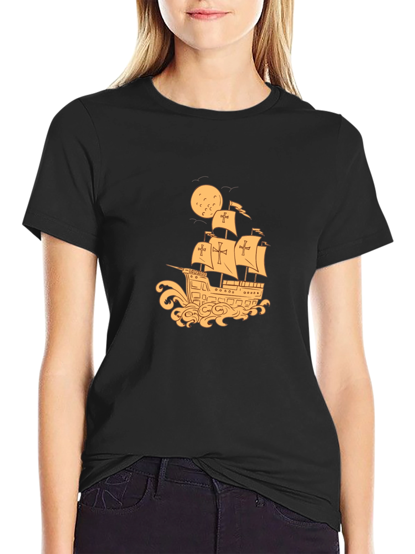 Vintage Galleon Ship T-Shirt - Black Cotton Tee
