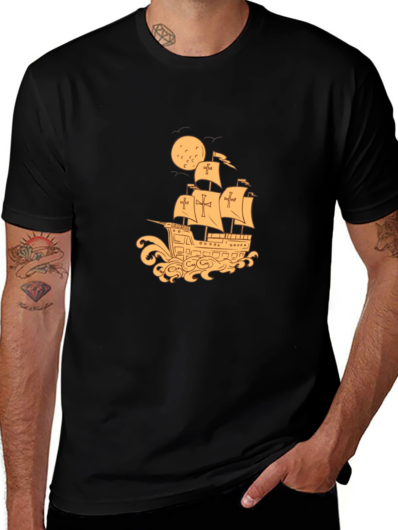 Vintage Galleon Ship T-Shirt - Black Cotton Tee