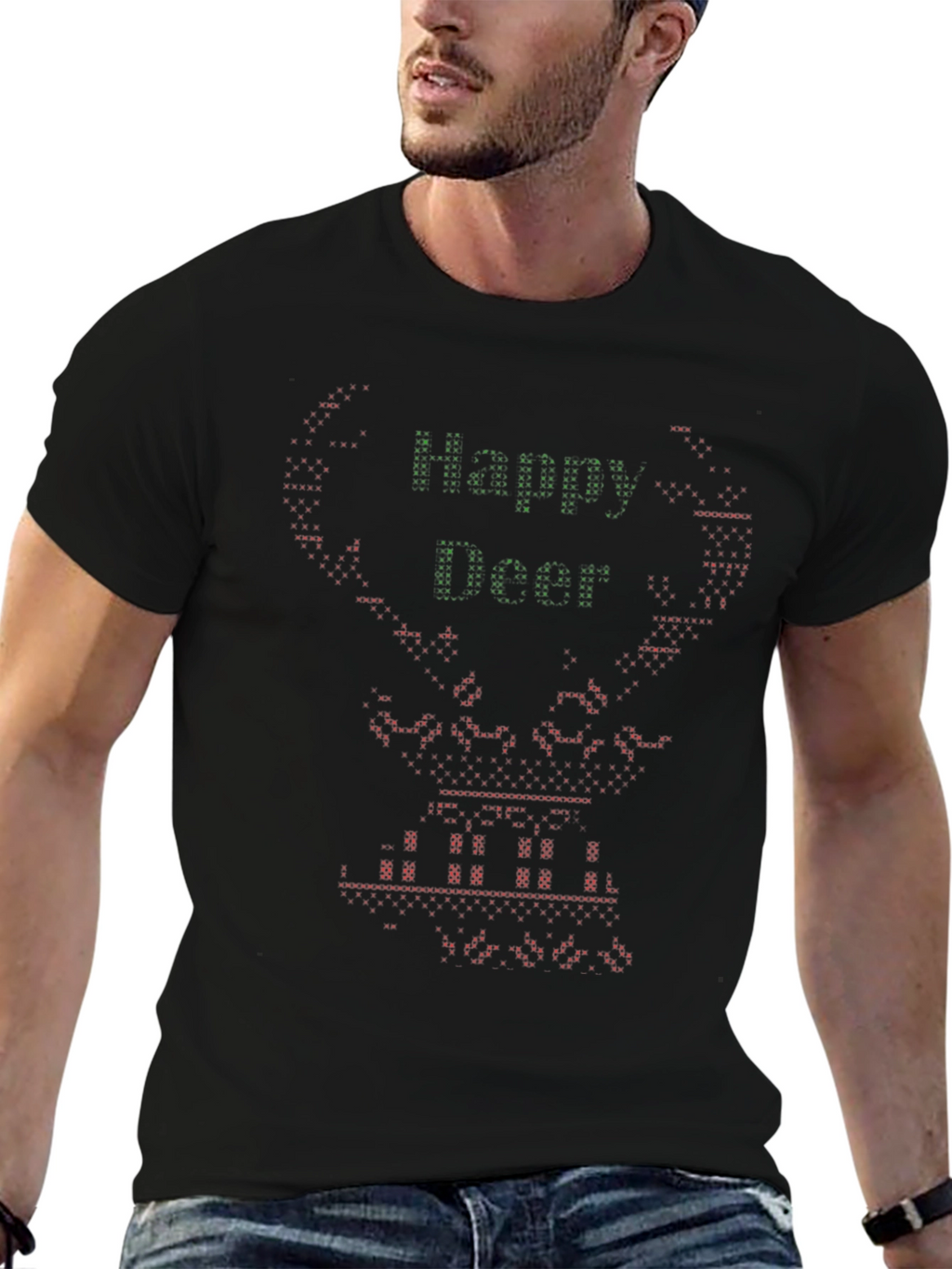 Happy Deer Christmas Ugly Sweater Style Graphic Tee