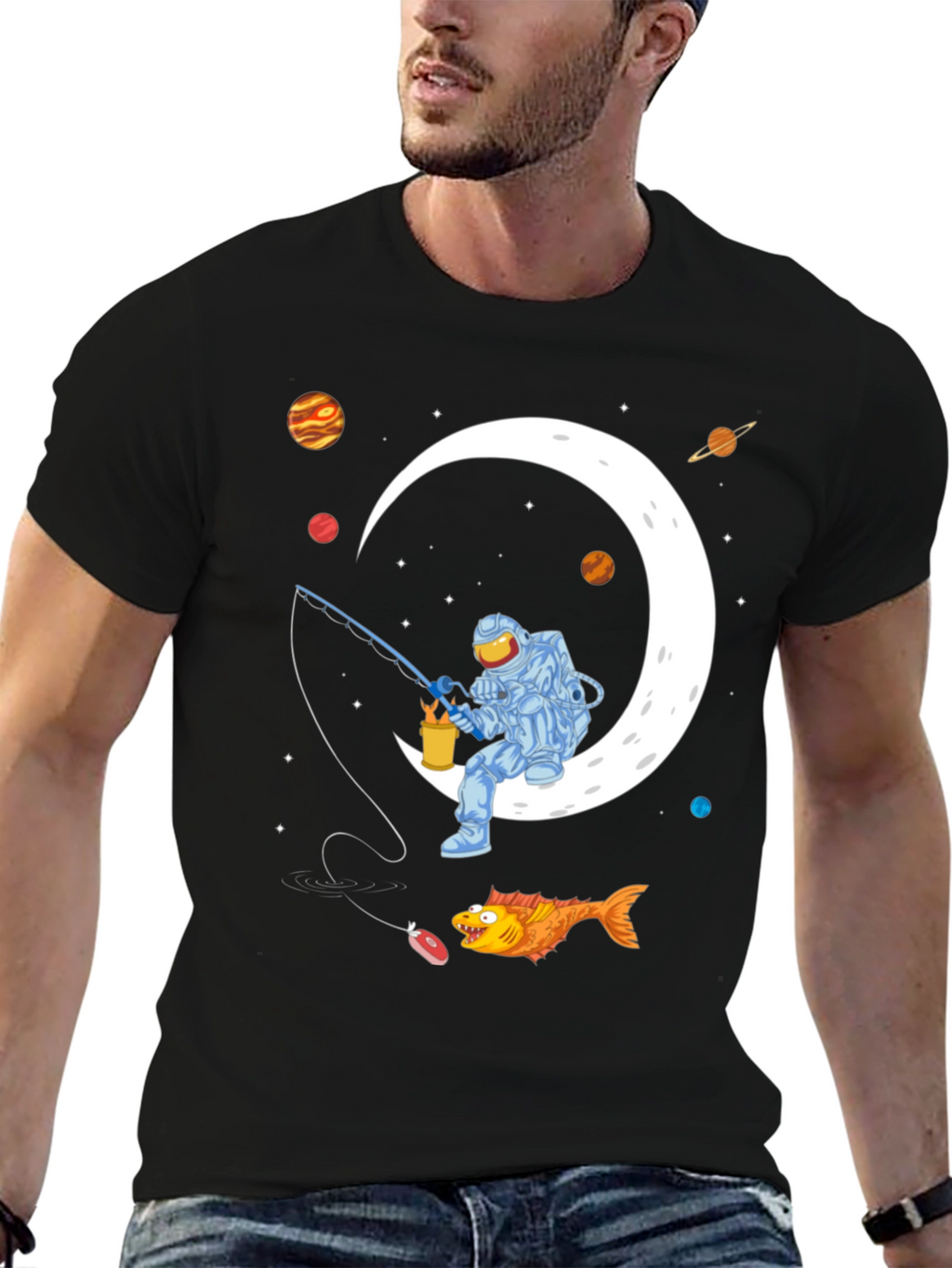 Astronaut Fishing on the Moon Graphic T-Shirt