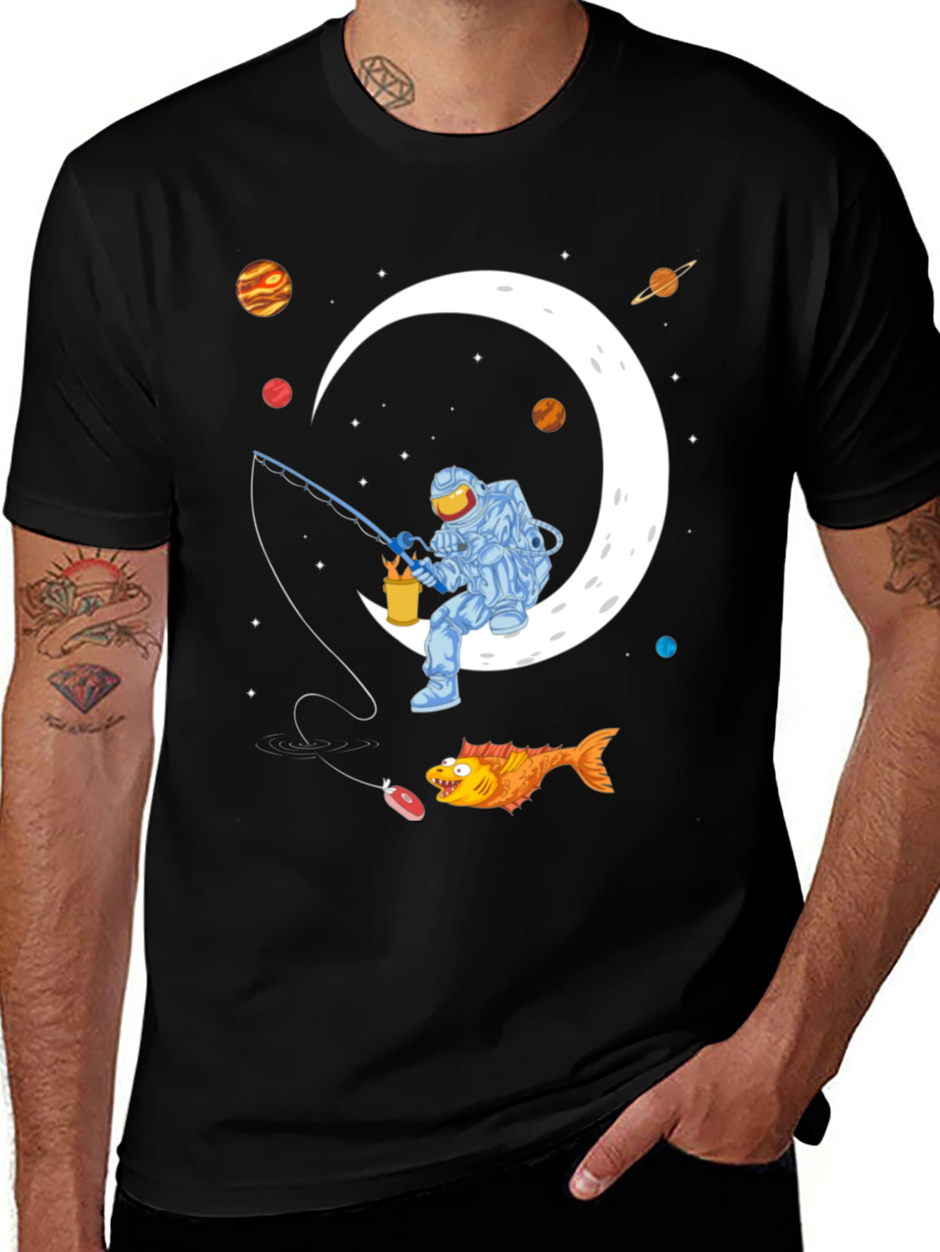Astronaut Fishing on the Moon Graphic T-Shirt