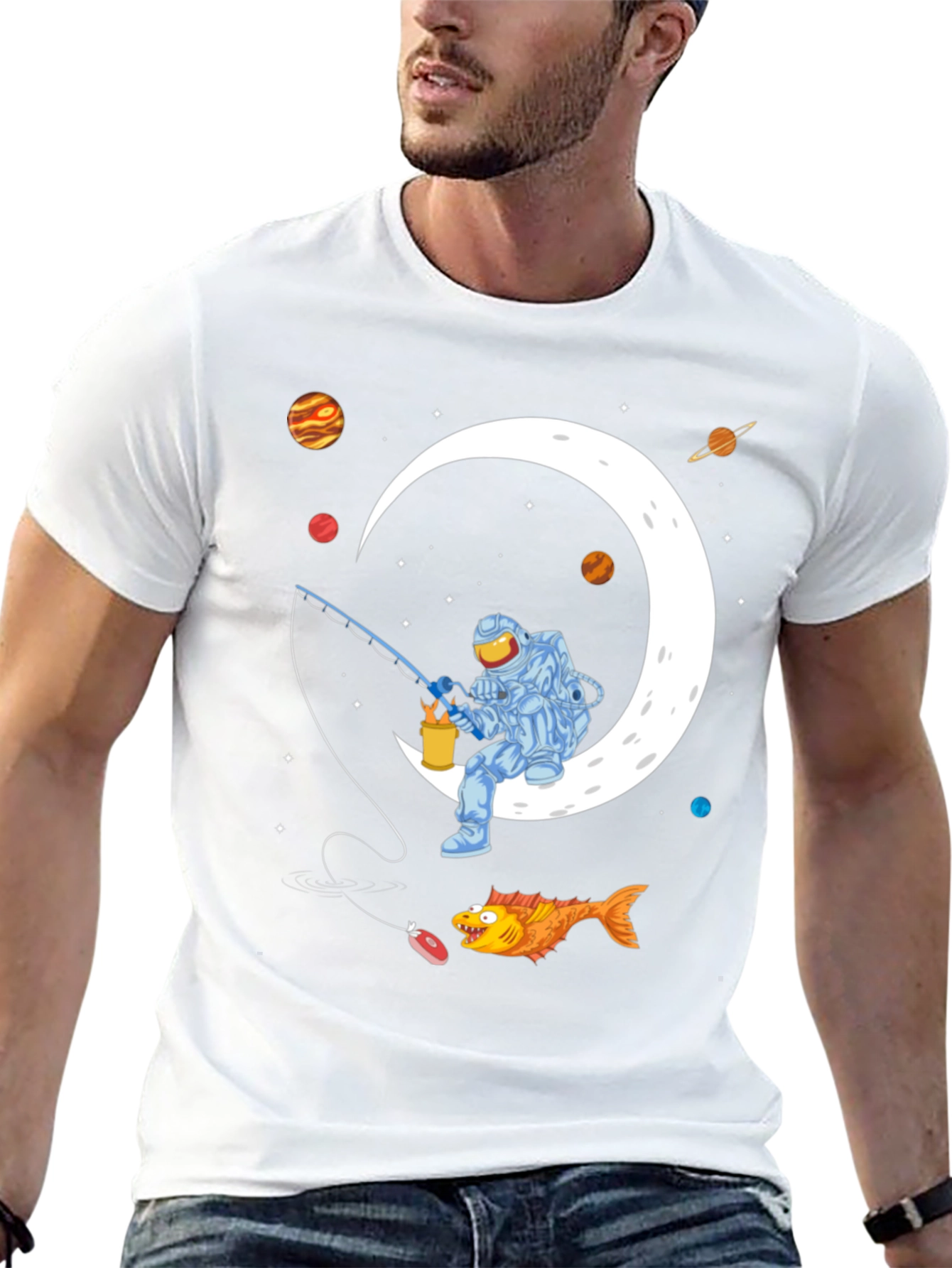 Astronaut Fishing on the Moon Graphic T-Shirt