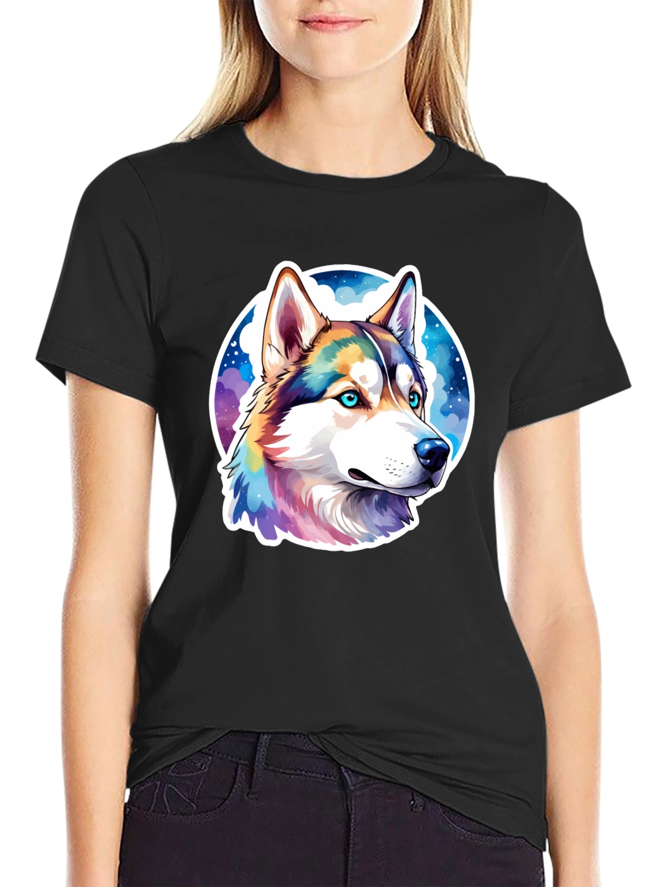 Husky Dog Graphic Print Black T-Shirt