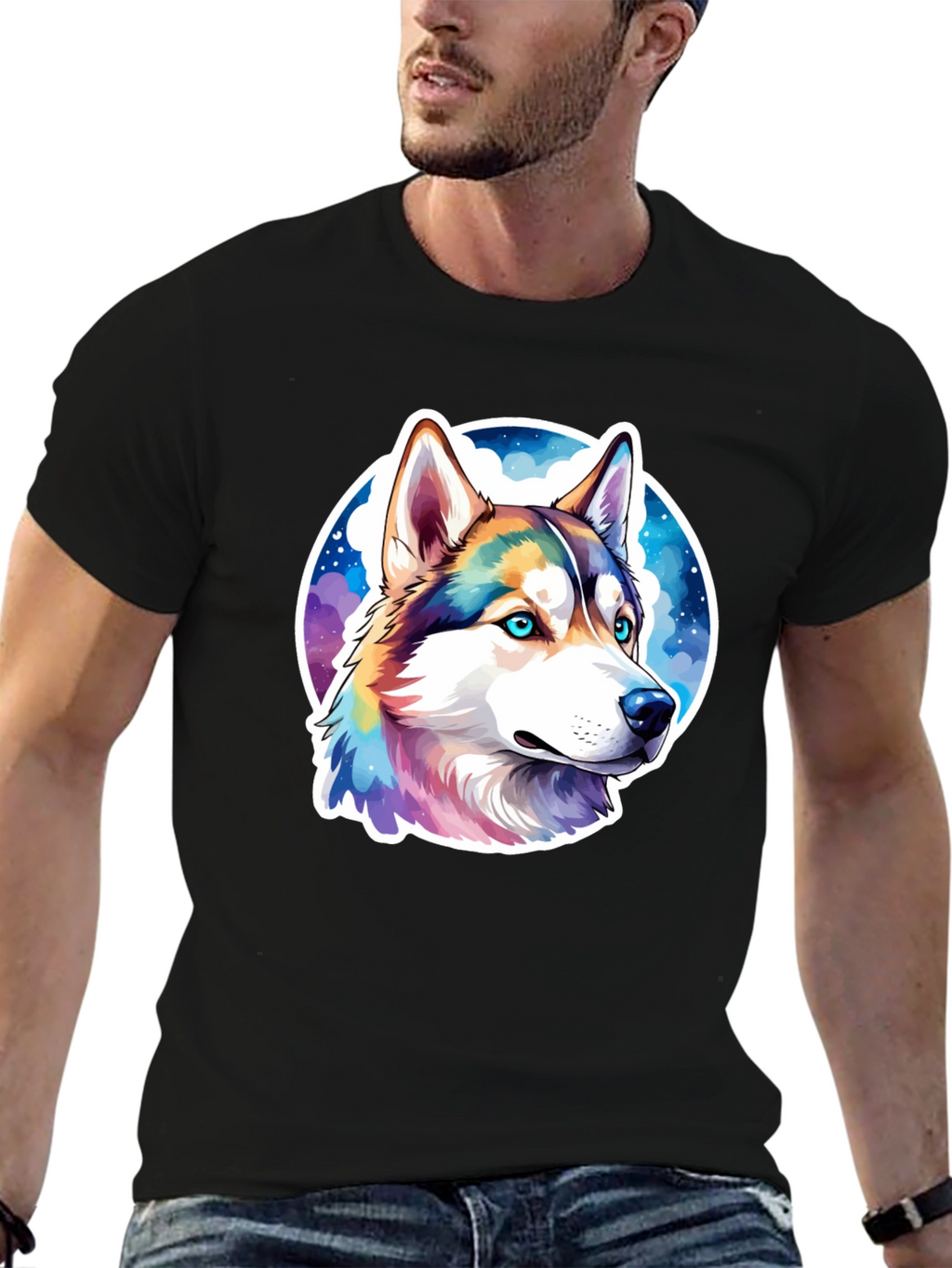 Husky Dog Graphic Print Black T-Shirt