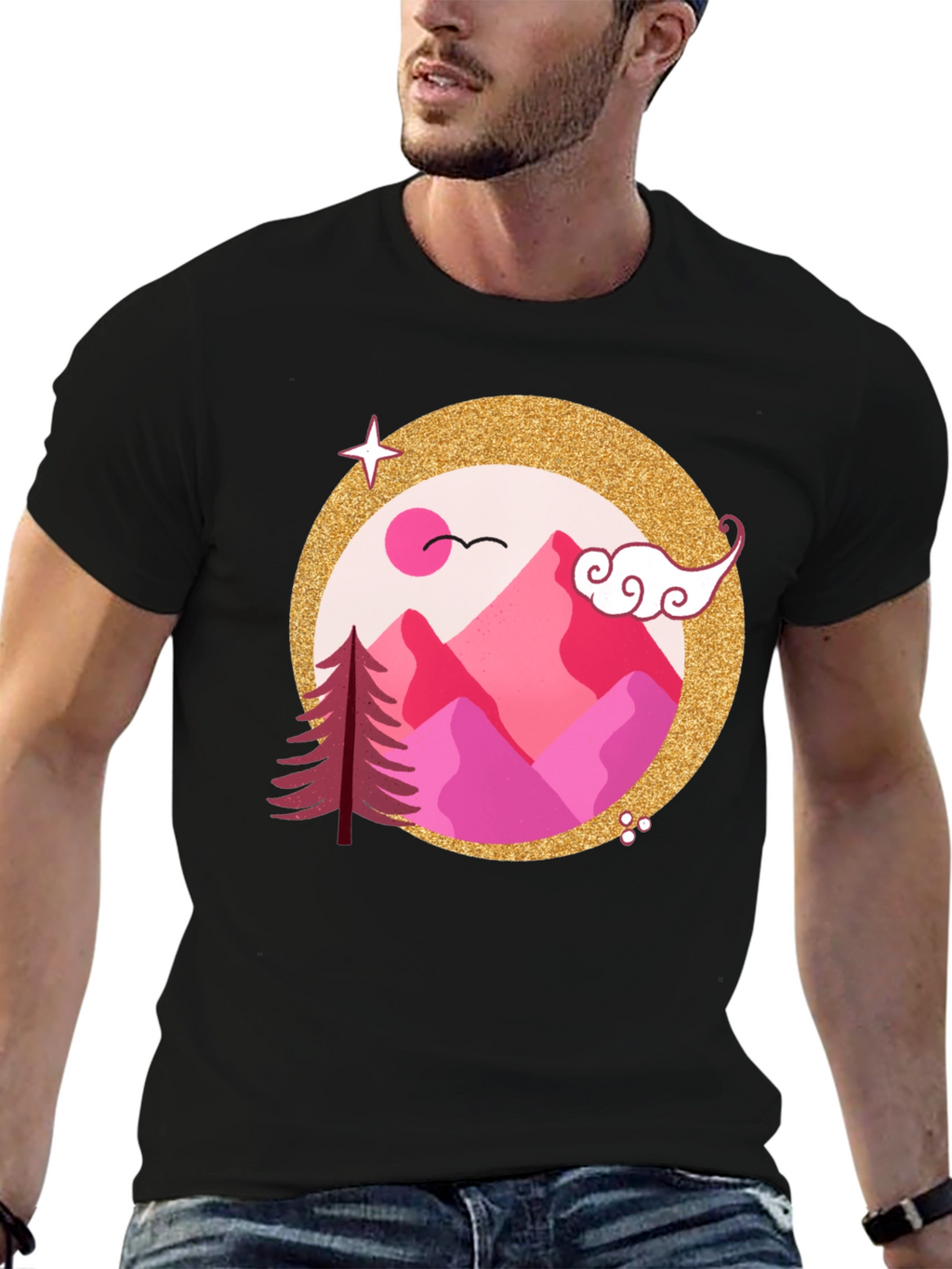 Pink Mountain Graphic Black T-Shirt