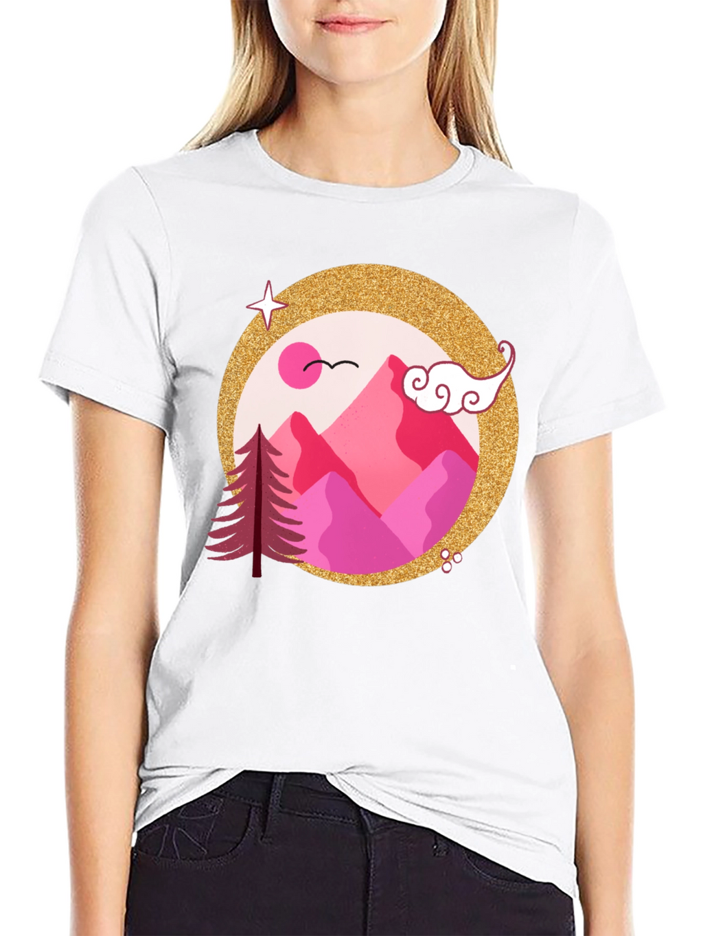 Pink Mountain Graphic Black T-Shirt
