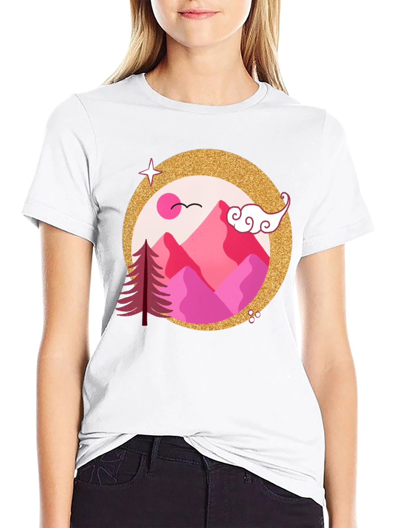 Pink Mountain Graphic Black T-Shirt