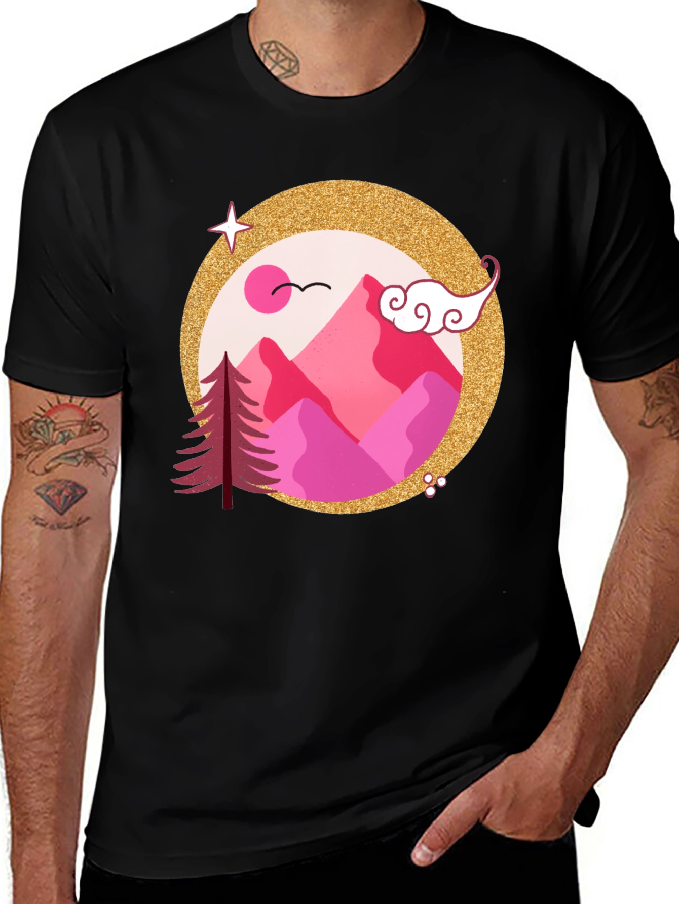 Pink Mountain Graphic Black T-Shirt