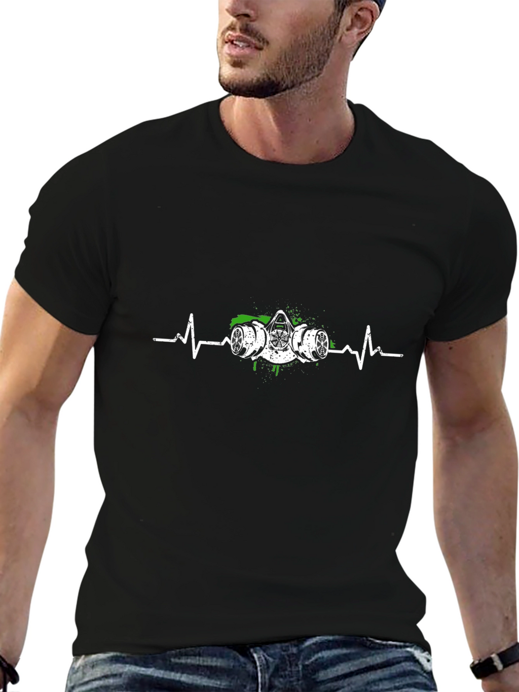 Gas Mask Heartbeat Graphic Tee - Black