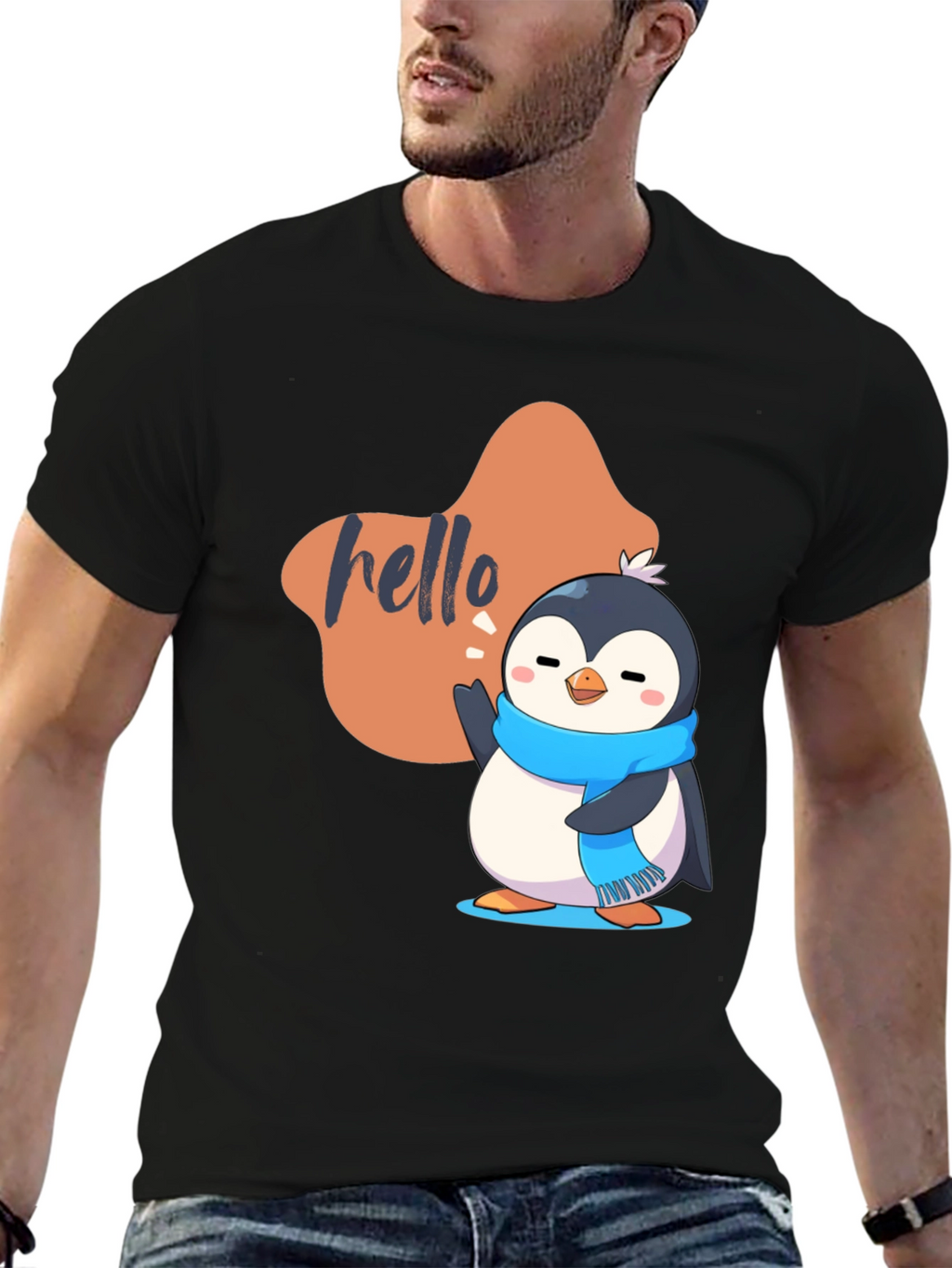 Cute Penguin Hello Graphic Black T-Shirt