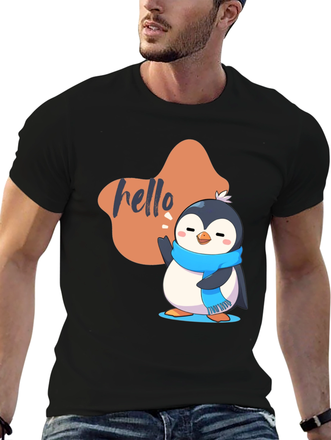 Cute Penguin Hello Graphic Black T-Shirt
