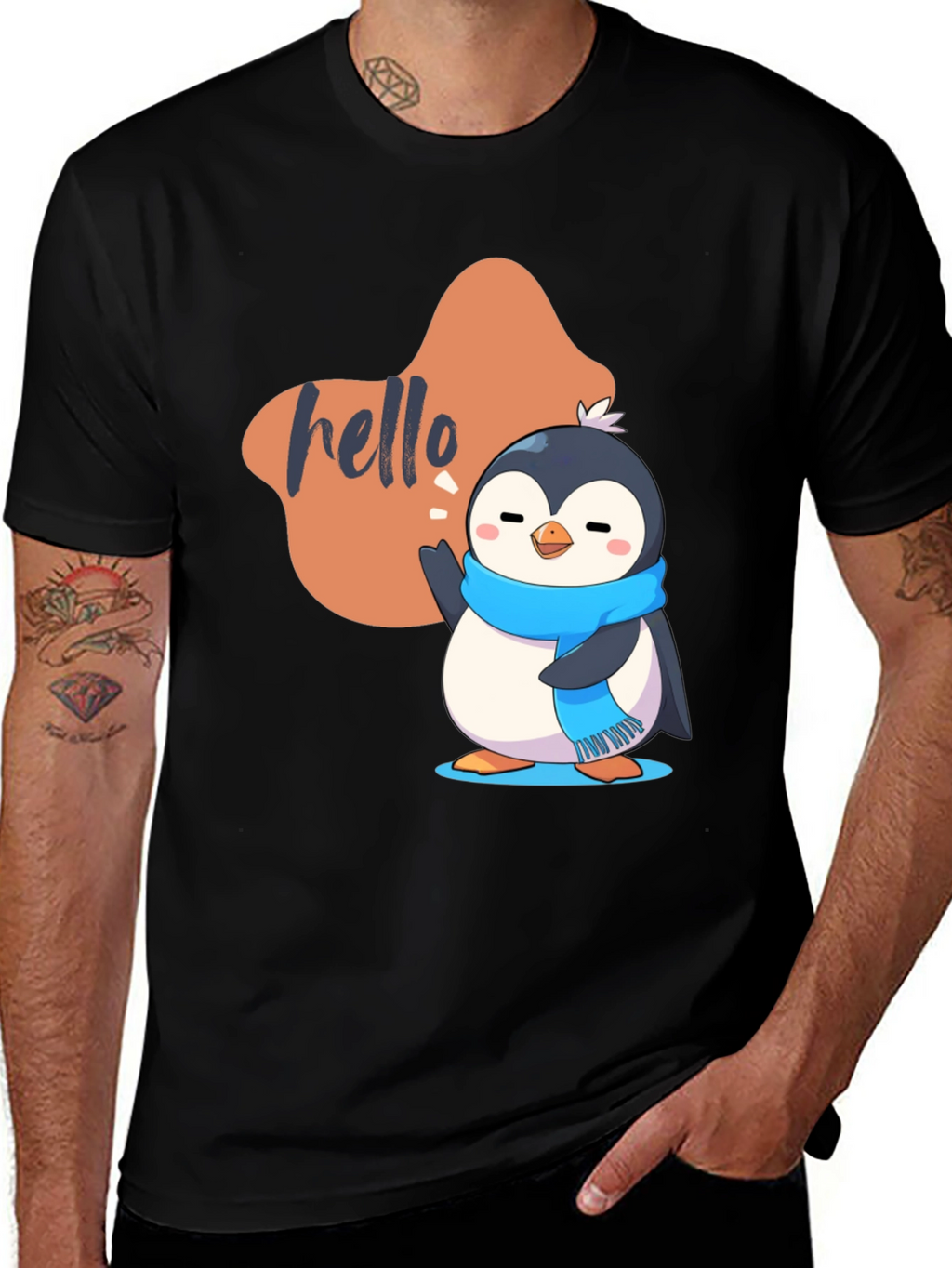 Cute Penguin Hello Graphic Black T-Shirt