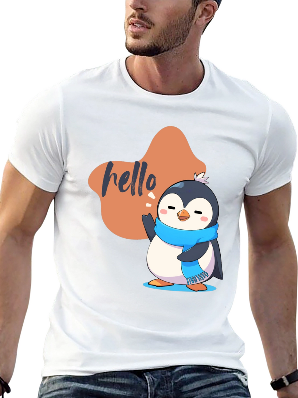 Cute Penguin Hello Graphic Black T-Shirt