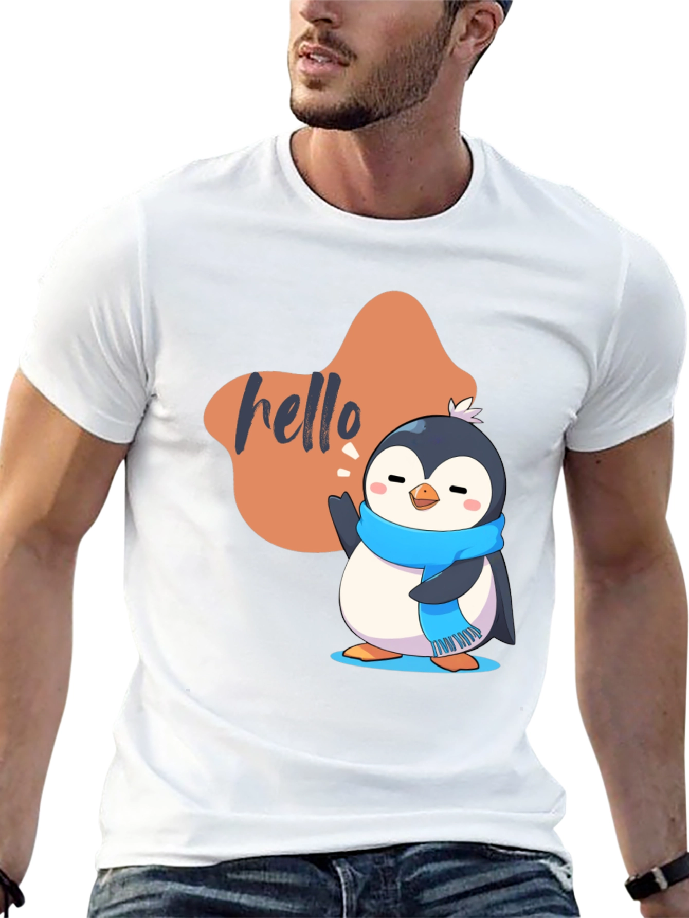 Cute Penguin Hello Graphic Black T-Shirt