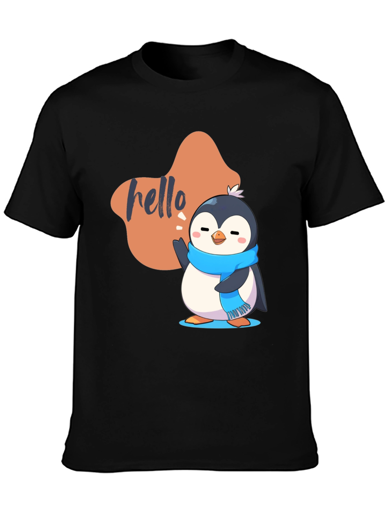 Cute Penguin Hello Graphic Black T-Shirt