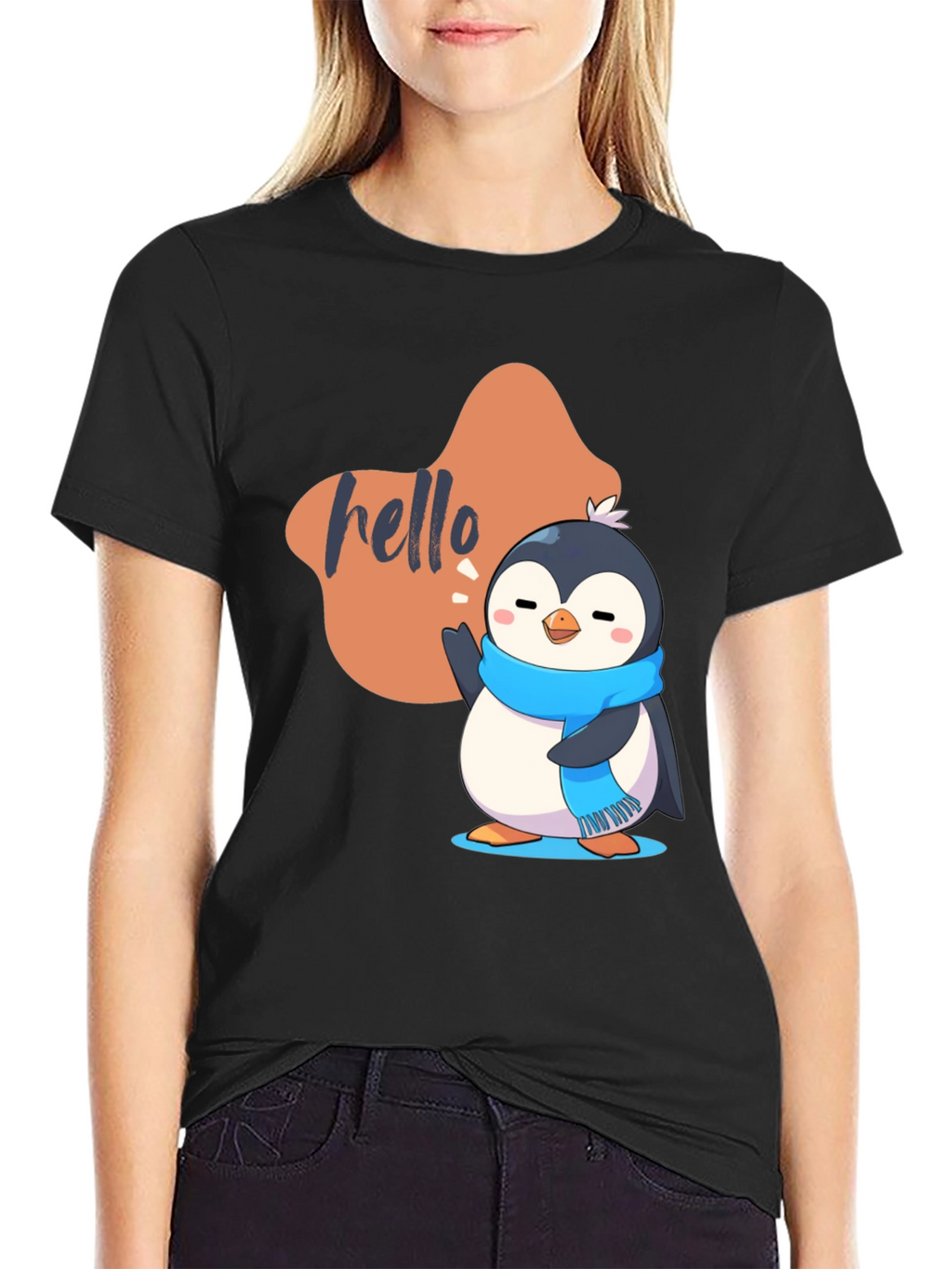 Cute Penguin Hello Graphic Black T-Shirt