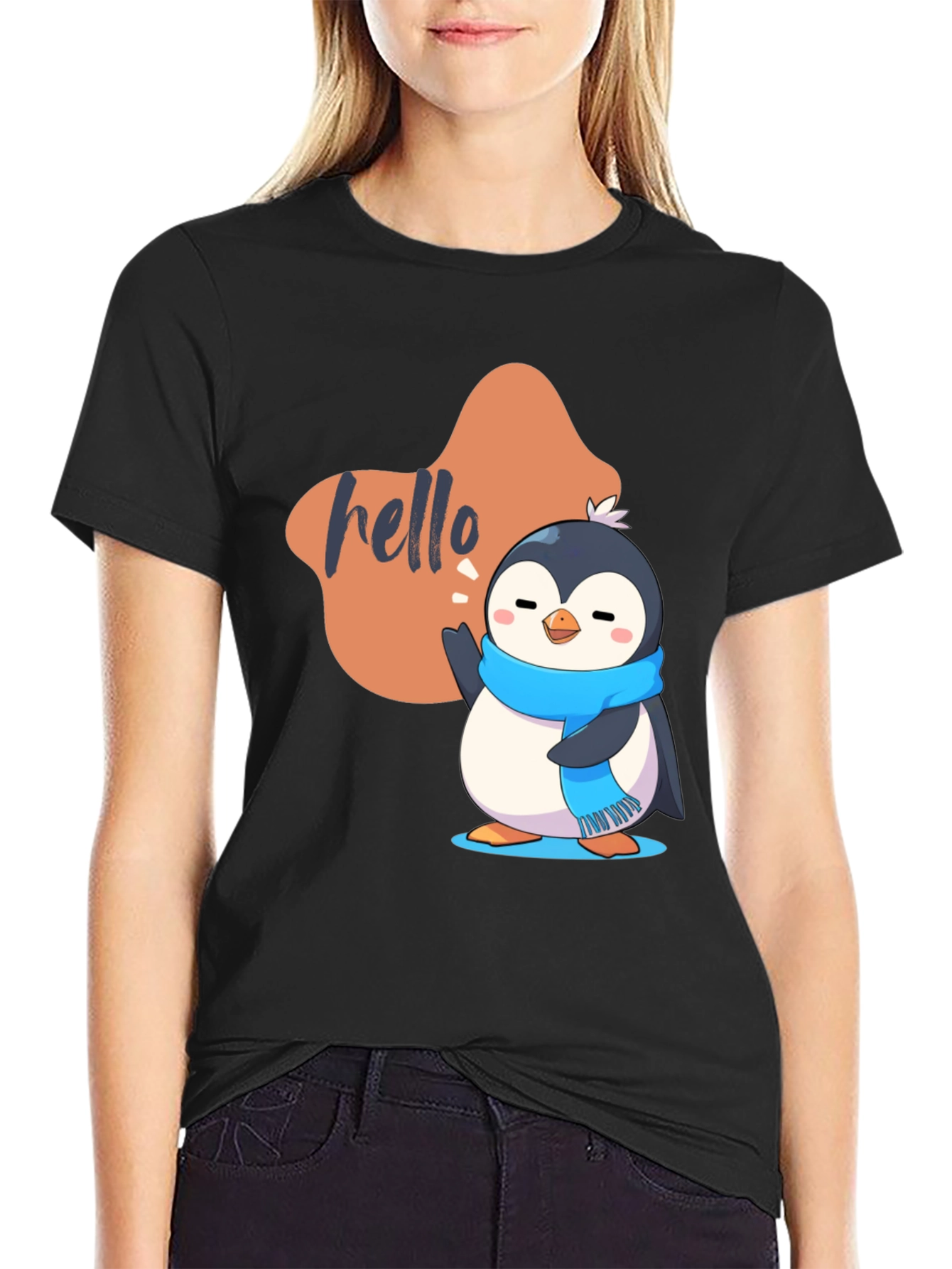 Cute Penguin Hello Graphic Black T-Shirt