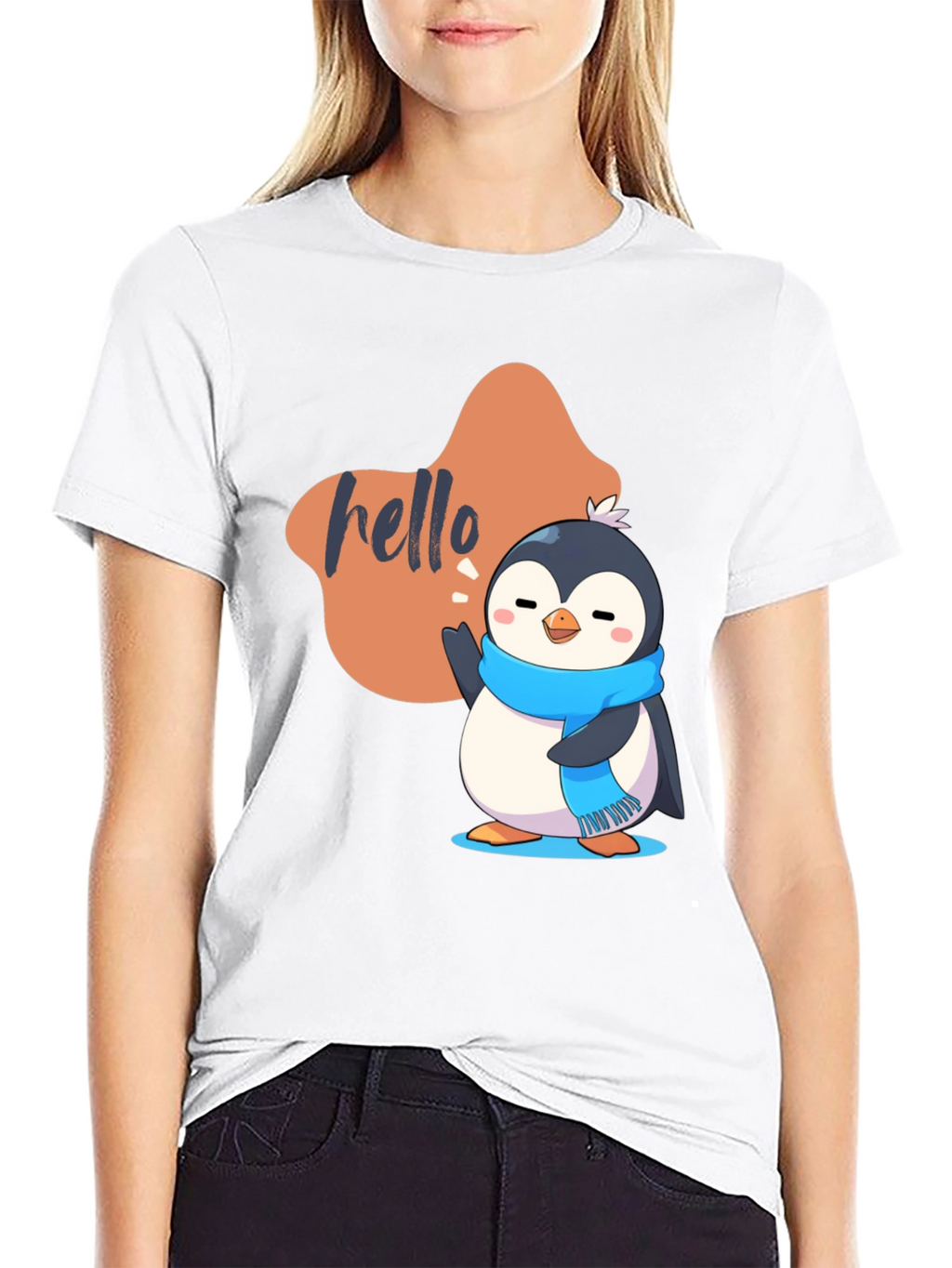 Cute Penguin Hello Graphic Black T-Shirt