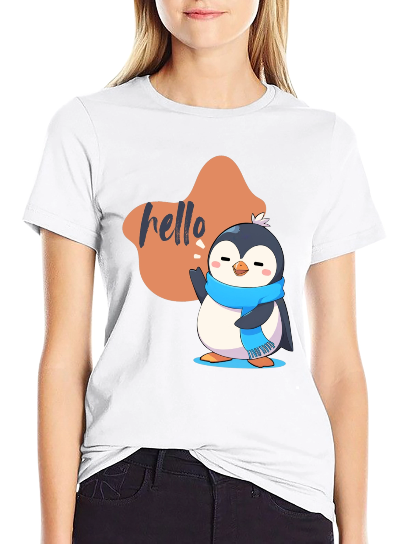 Cute Penguin Hello Graphic Black T-Shirt