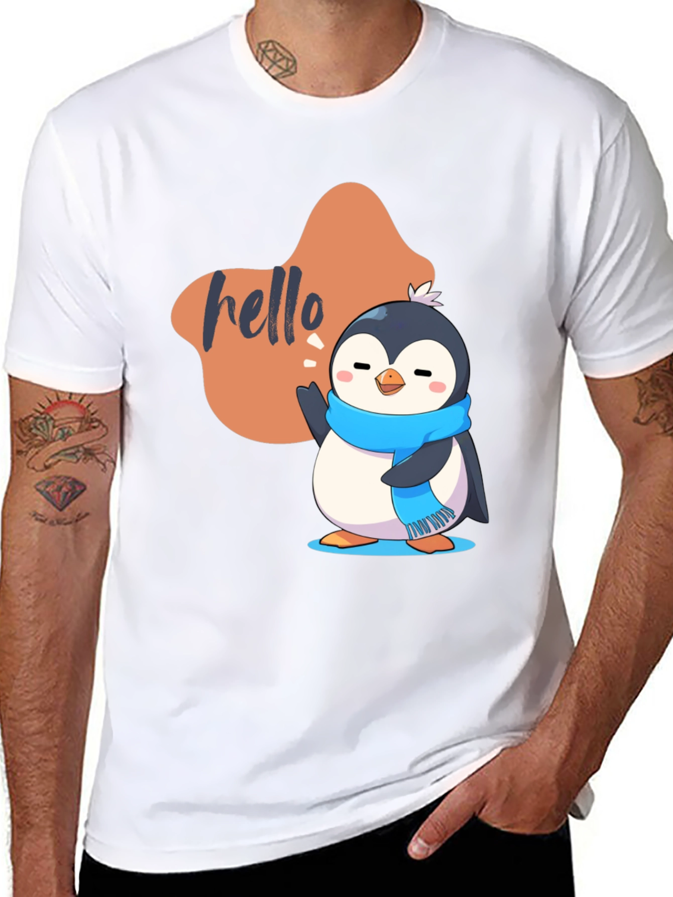 Cute Penguin Hello Graphic Black T-Shirt