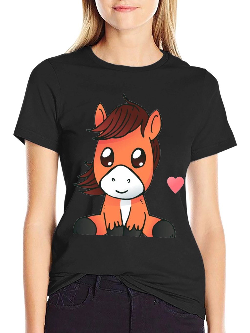 Cute Cartoon Horse Graphic Tee - Black