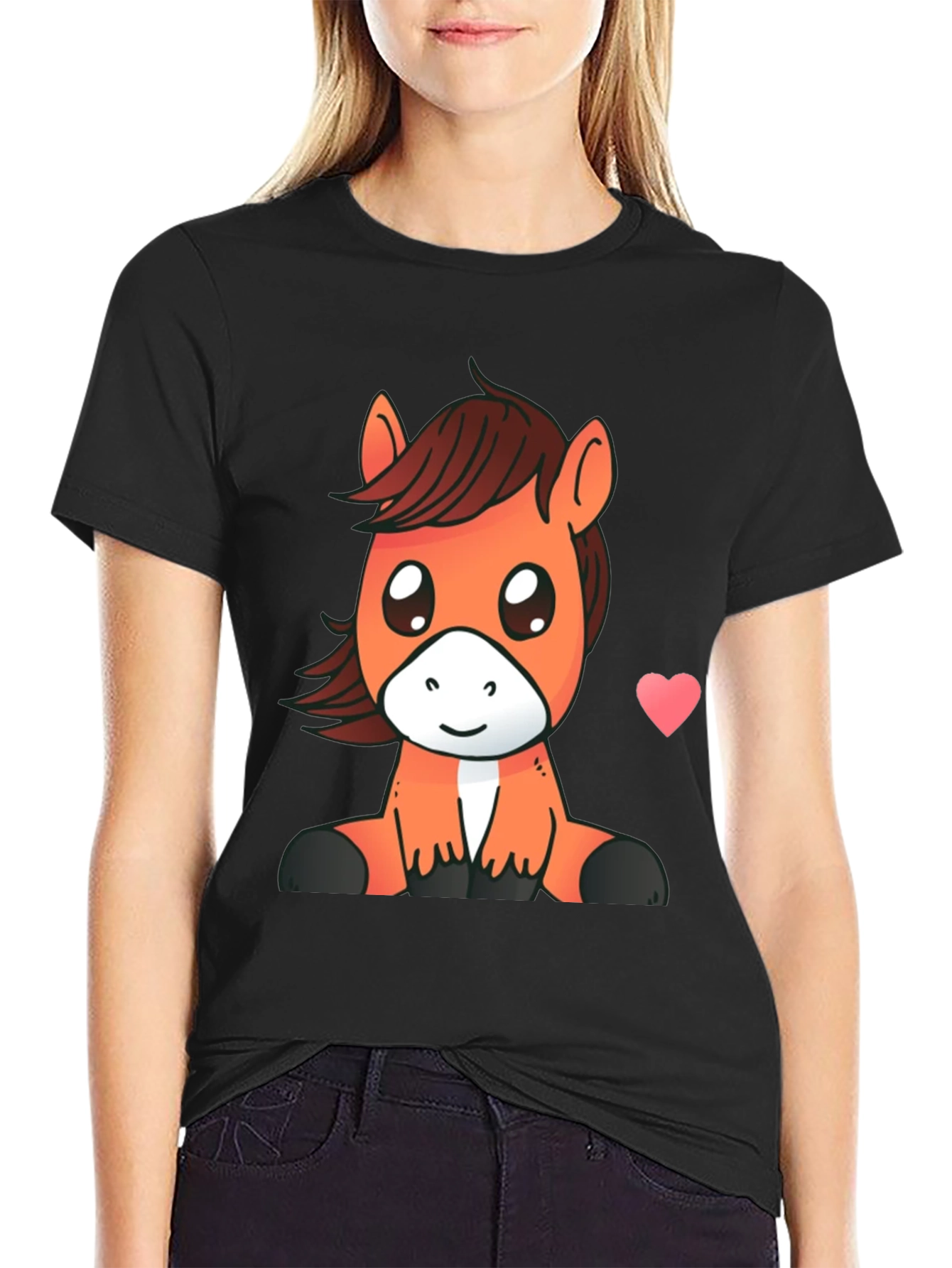 Cute Cartoon Horse Graphic Tee - Black