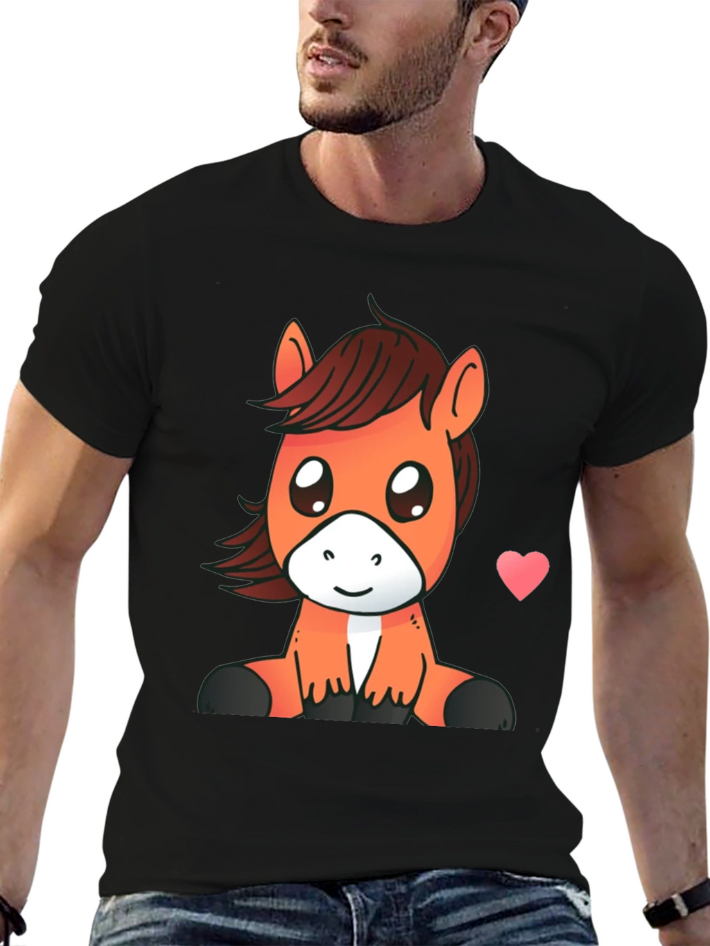 Cute Cartoon Horse Graphic Tee - Black