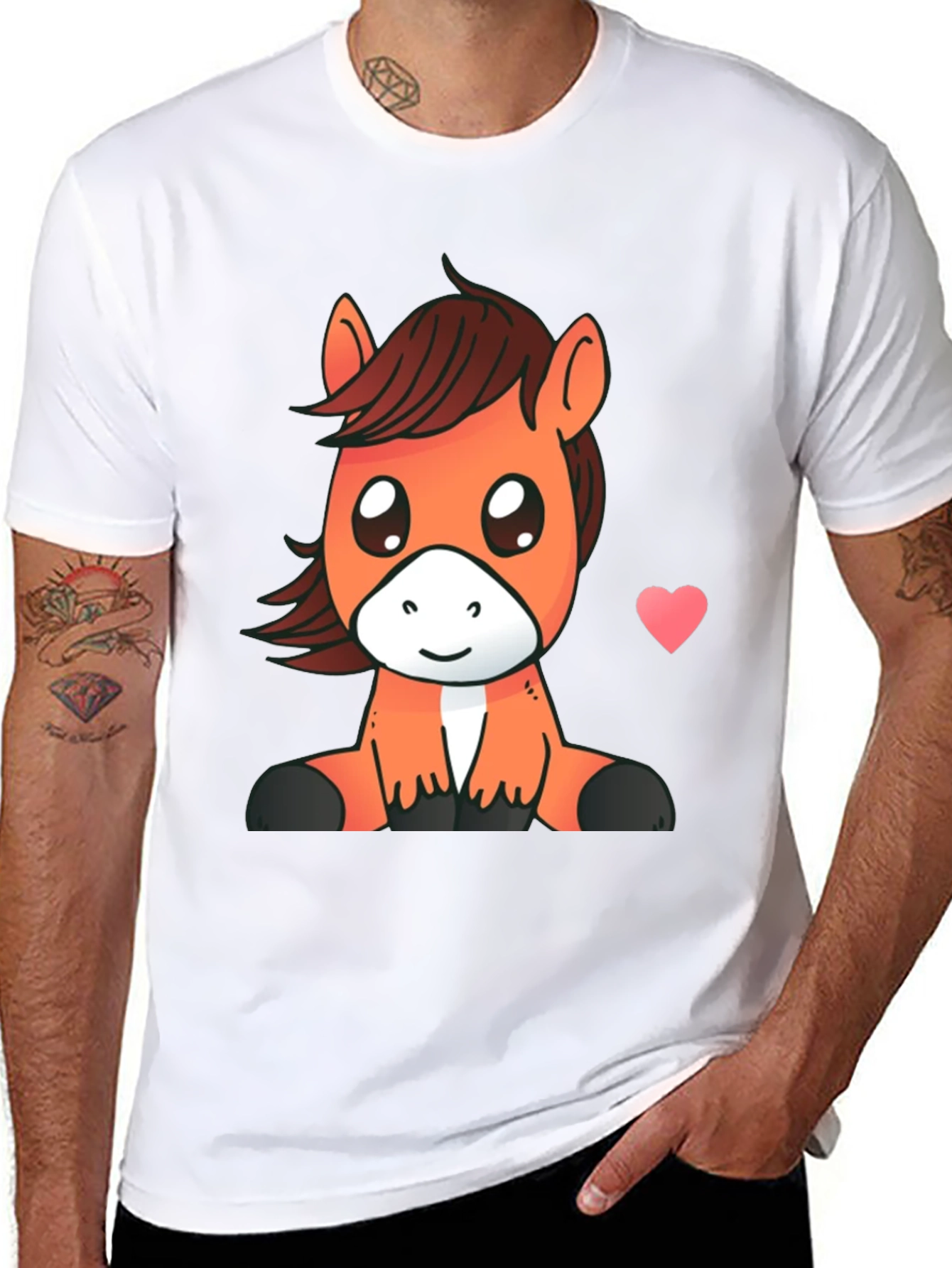 Cute Cartoon Horse Graphic Tee - Black
