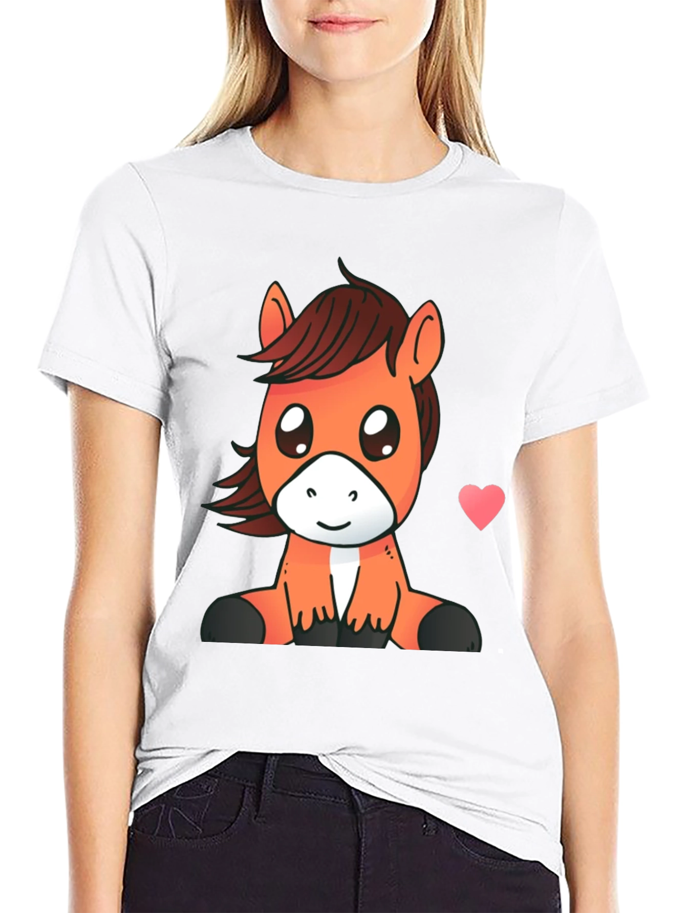 Cute Cartoon Horse Graphic Tee - Black